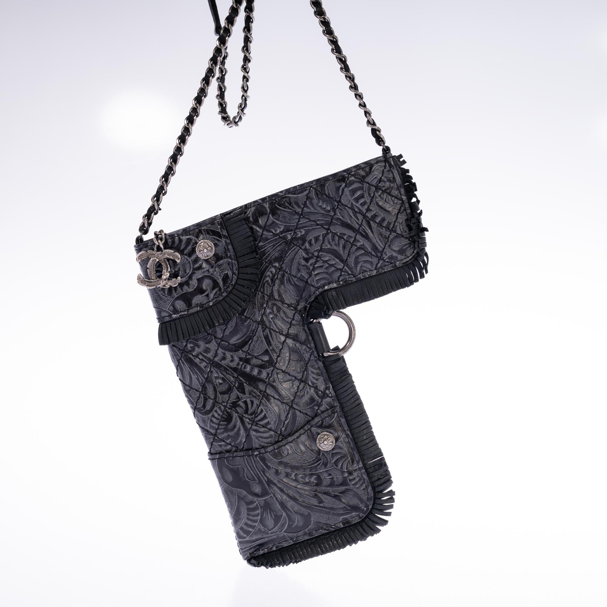 Vintage Chanel Rare Limited Fringe Black Embossed Gun Holster Crossbody Bag