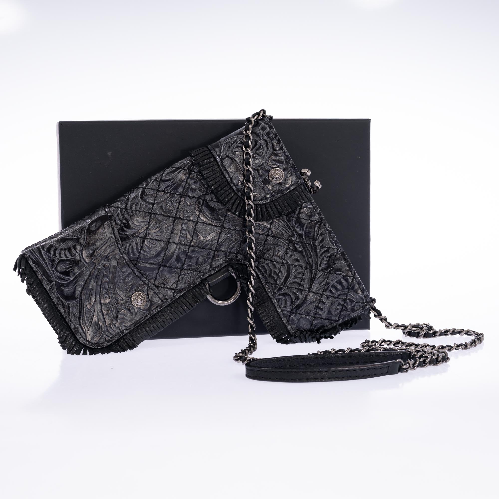 Vintage Chanel Rare Limited Fringe Black Embossed Gun Holster Crossbody Bag