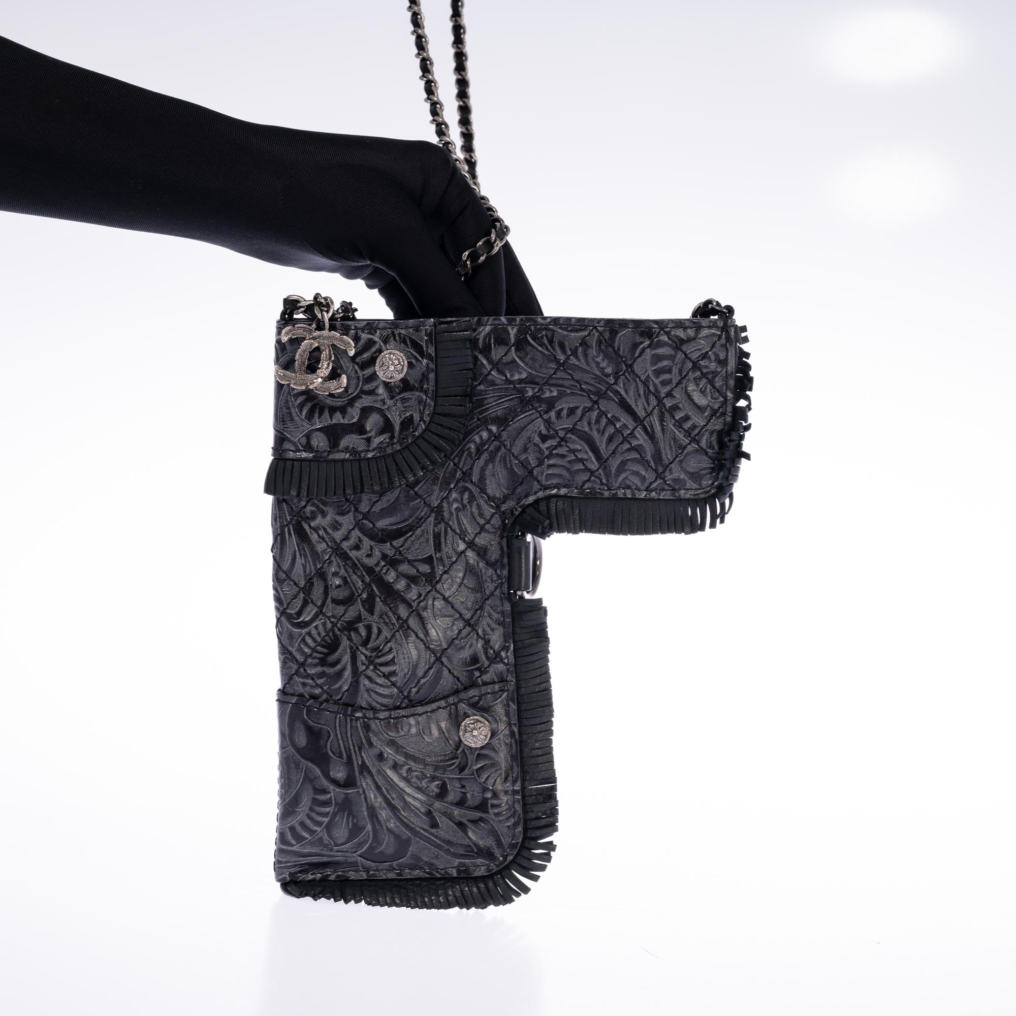 Vintage Chanel Rare Limited Fringe Black Embossed Gun Holster Crossbody Bag