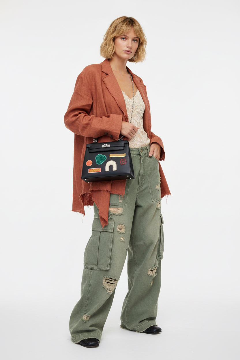 Hermès Kelly 25 Sellier Broderie Colla Noir Swift & Niloticus Crocodile Palladium Hardware