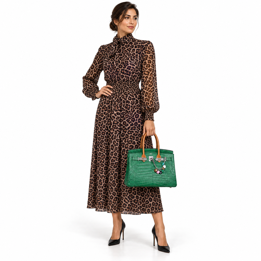 Hermès Birkin 30 Cactus Matte Alligator with Natural-Sable Matte Veau Butler and Palladium Hardware shown on a model