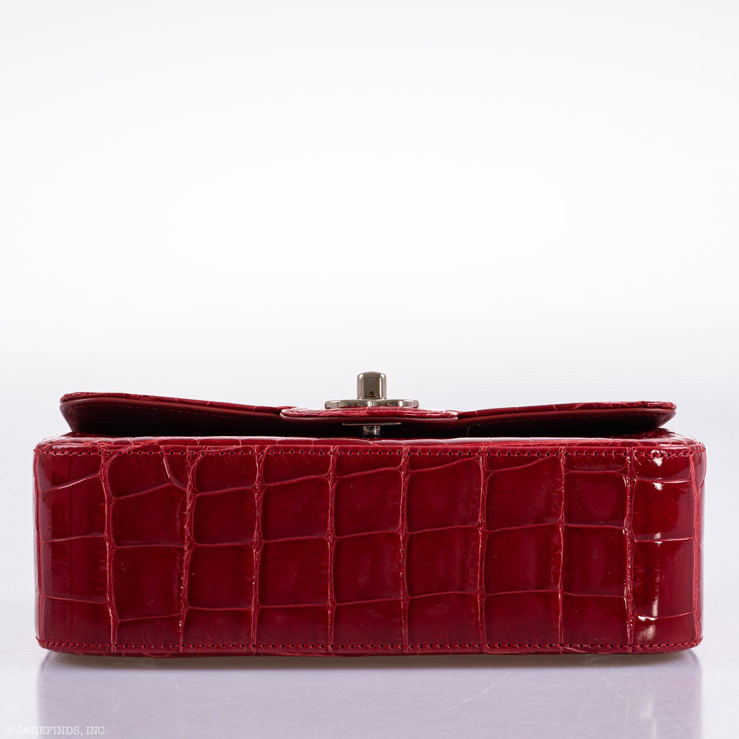CHANEL Red Shiny Alligator Classic Mini Flap Bag with Silver Hardware