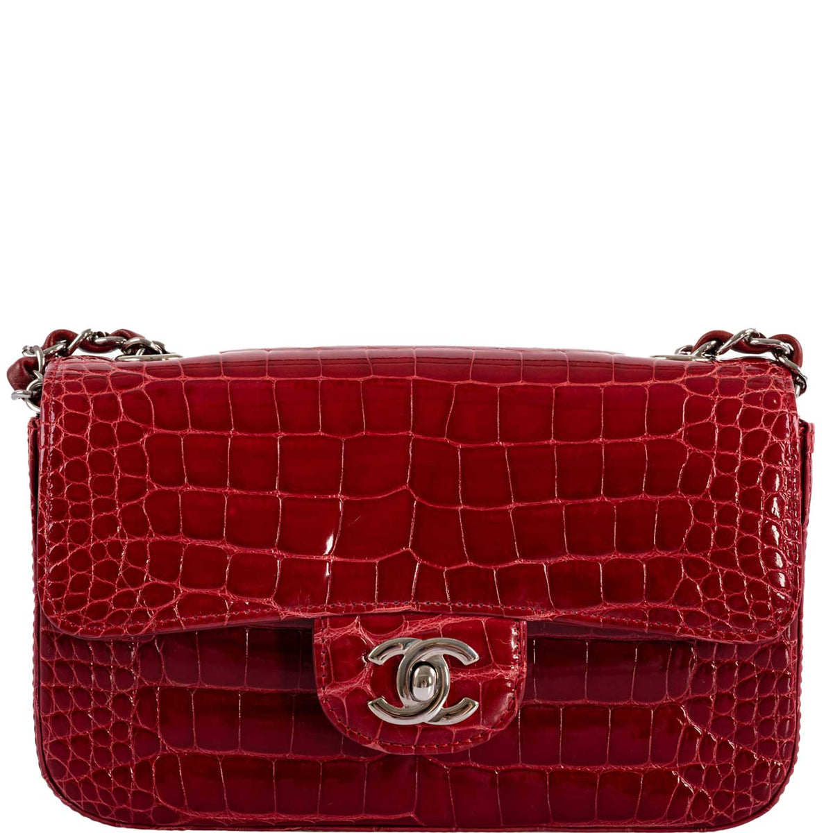 CHANEL Red Shiny Alligator Classic Mini Flap Bag with Silver