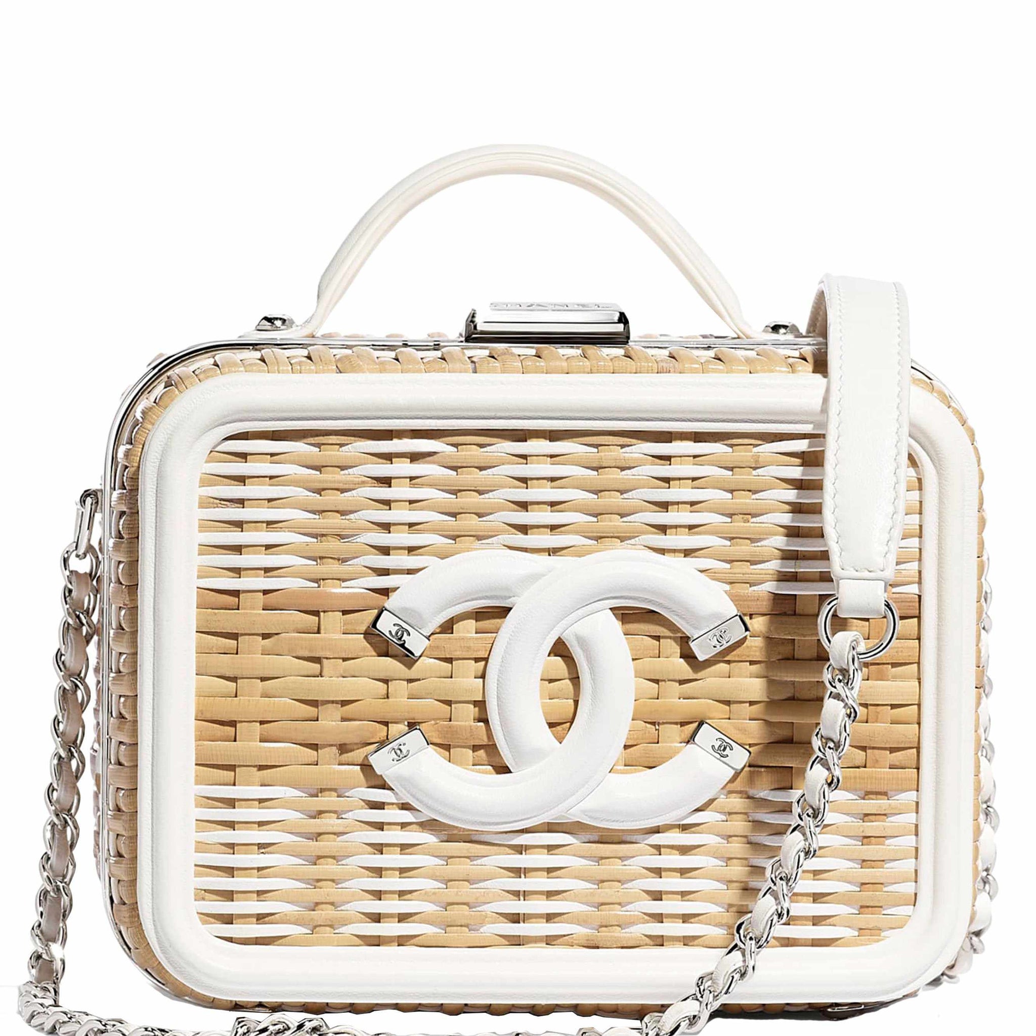 Chanel Vanity Case Beige & White, Rattan, Patent Calfskin & Silver-Ton
