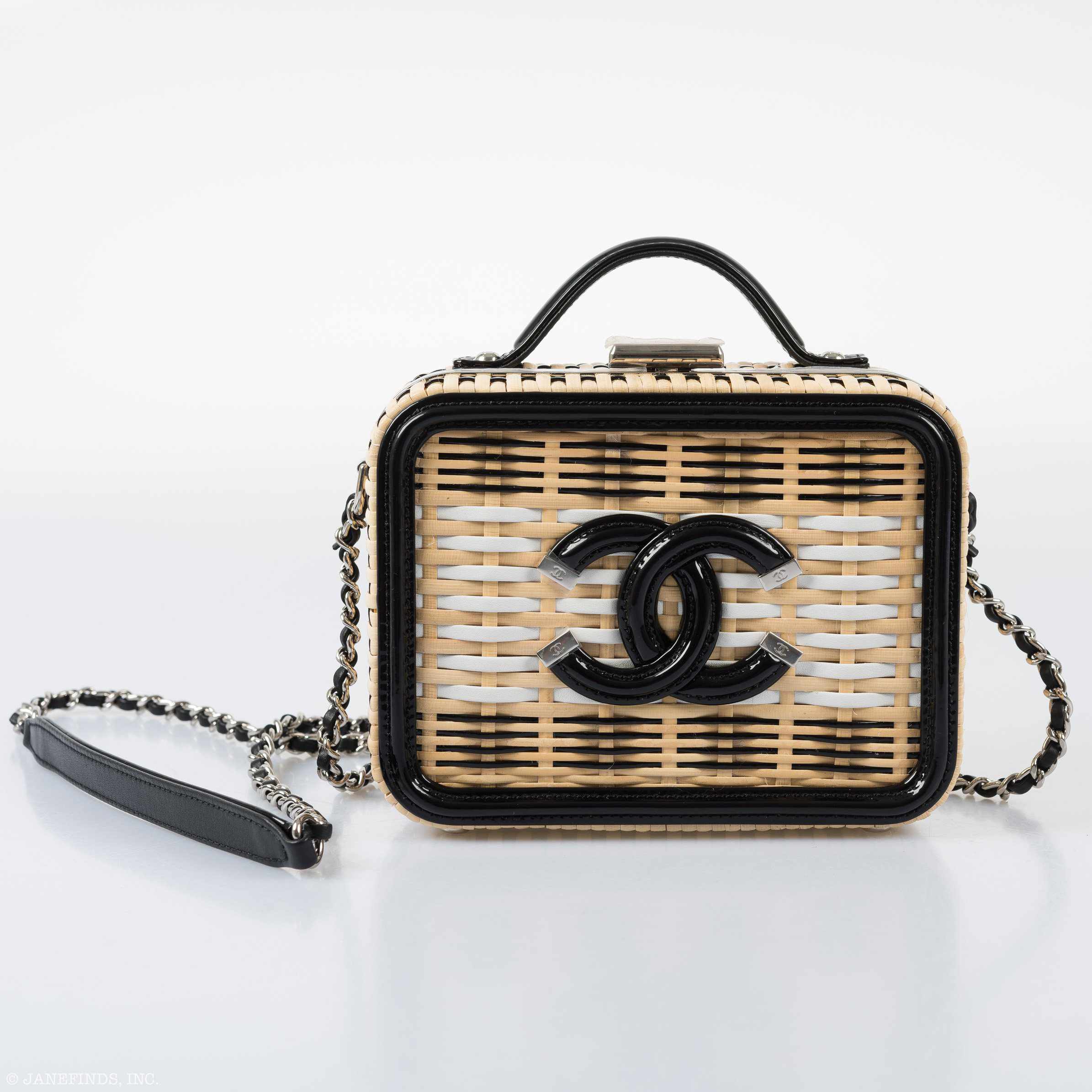 Chanel Vanity Case Black, Beige & White Rattan, Patent Calfskin & Silver-Tone Metal