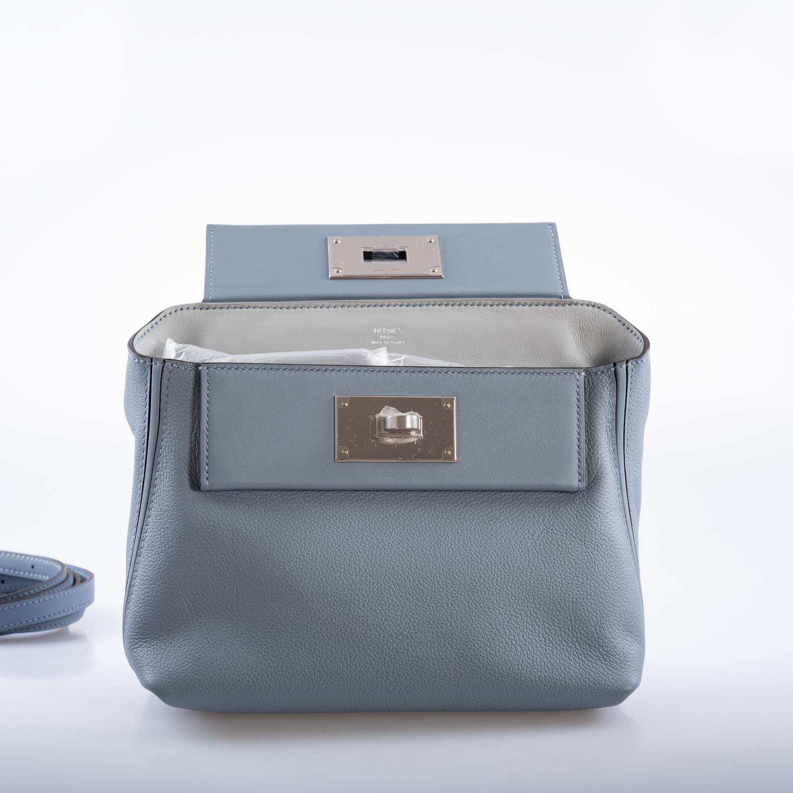 Hermès 24/24 21 Blue Lin Evercolor and Swift Leather Palladium Hardware