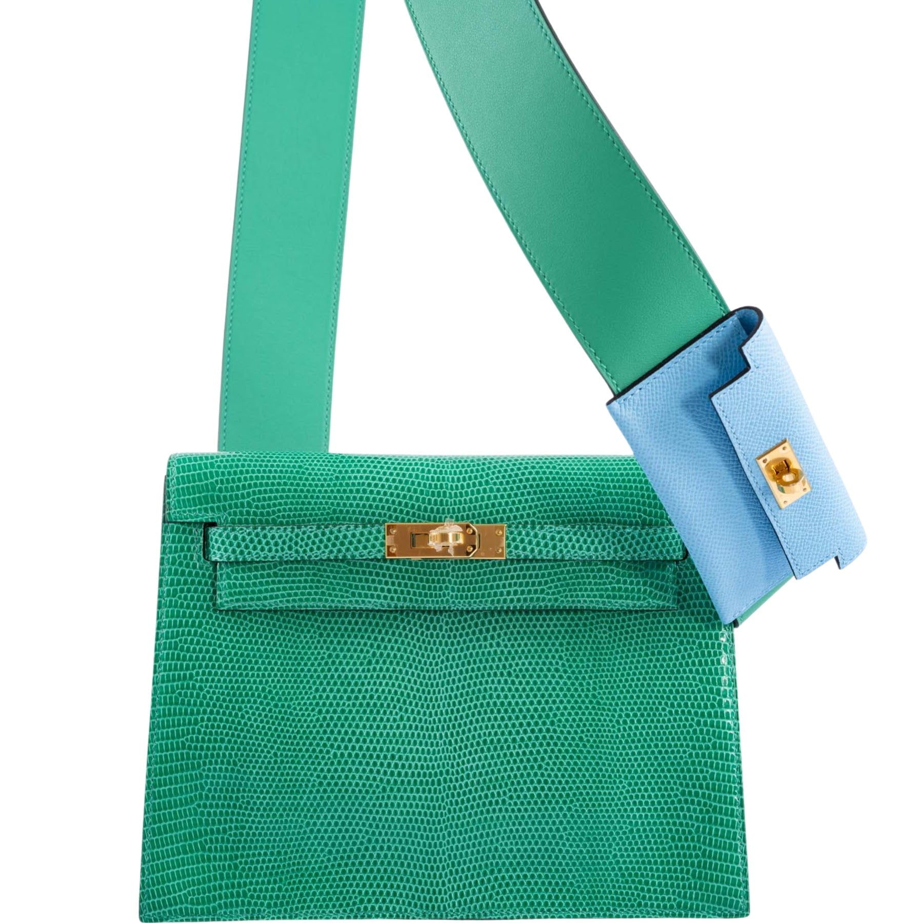 Hermès Bandouliere Kelly Pochette Shoulder Strap Menthe Swift and Celeste Epsom Gold hardware