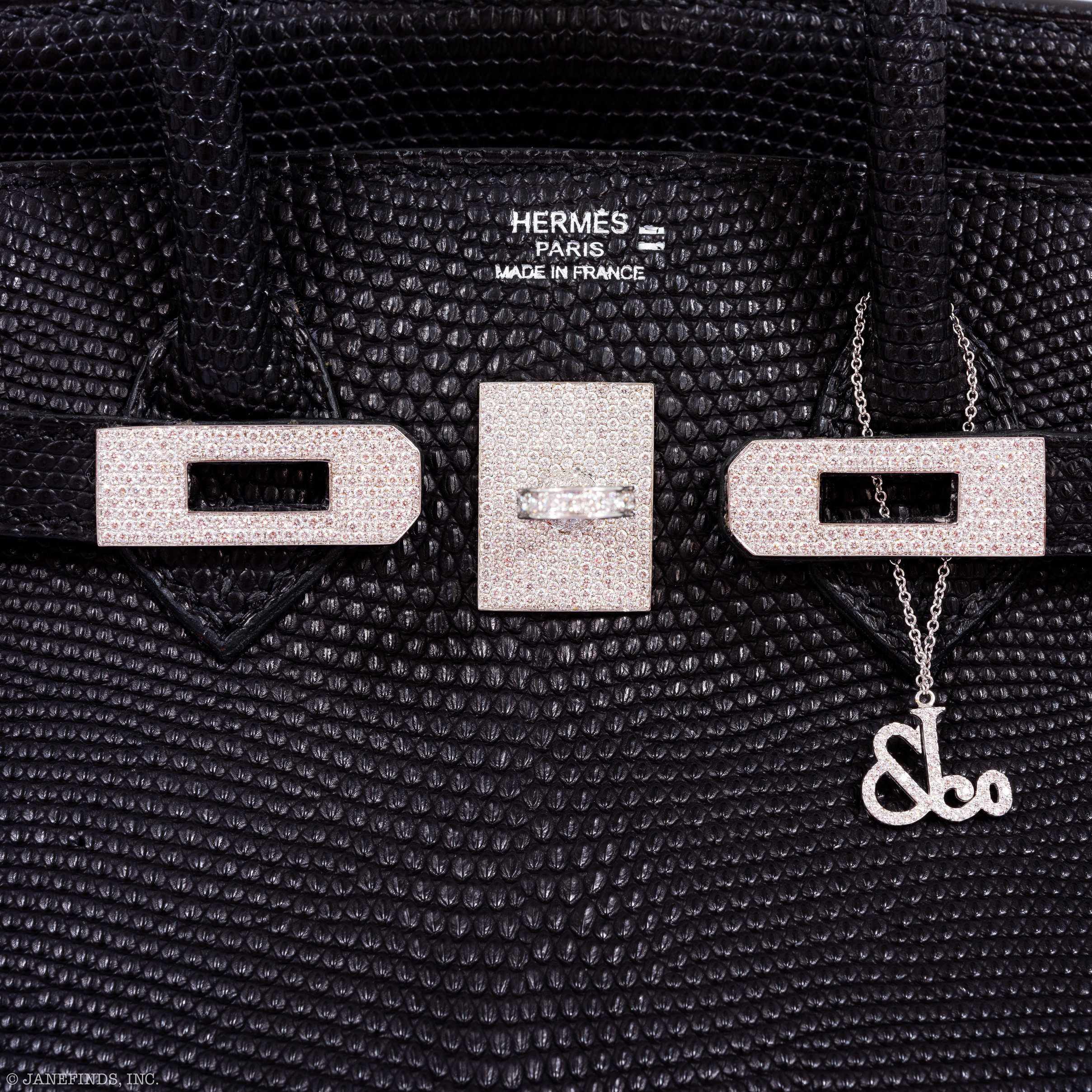 Hermès Birkin 25 Black Salvator Lizard With Jacob & Co. White Gold & Diamond Hardware
