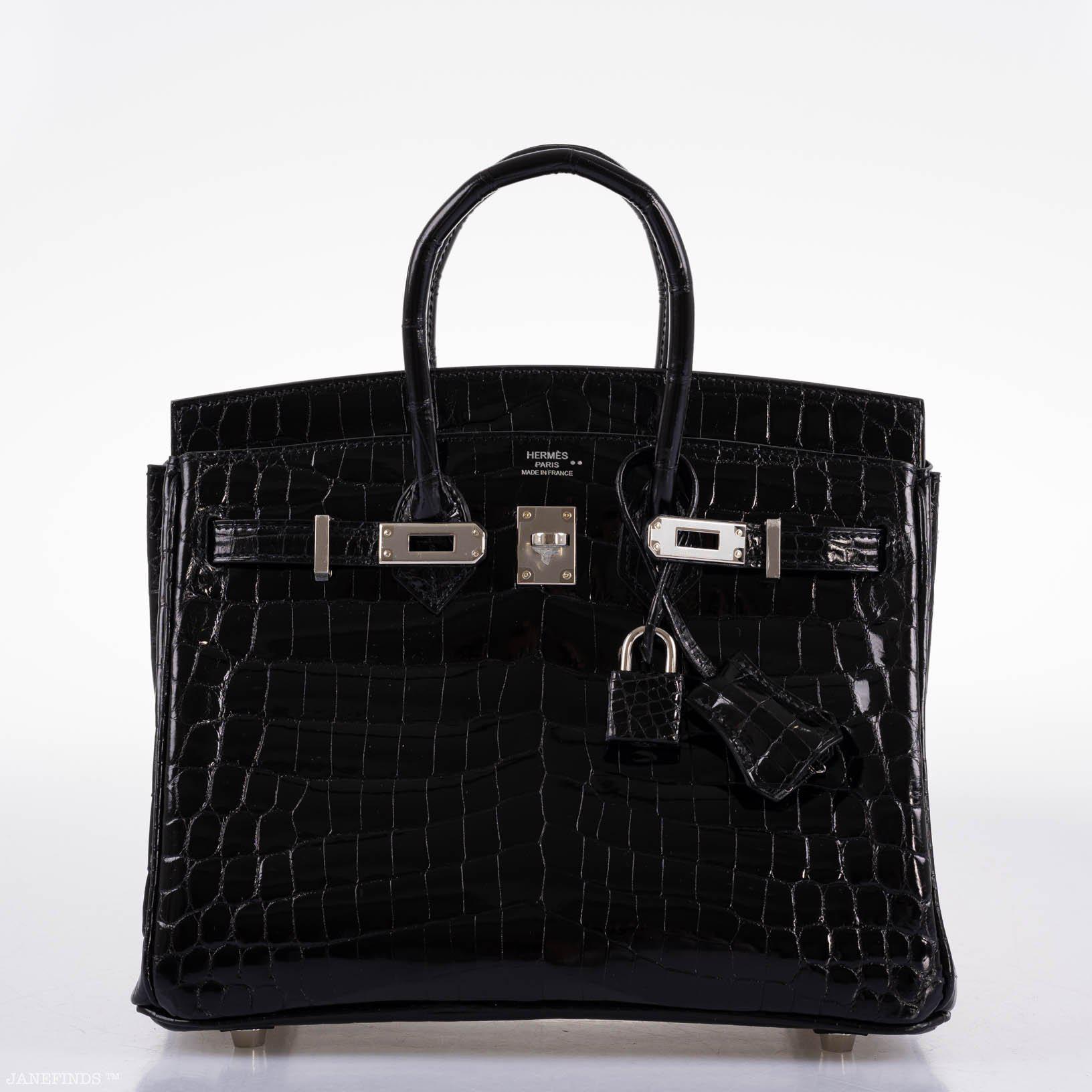 Hermès Birkin 25 Shiny Black Niloticus Crocodile with Palladium Hardware - 2019, D