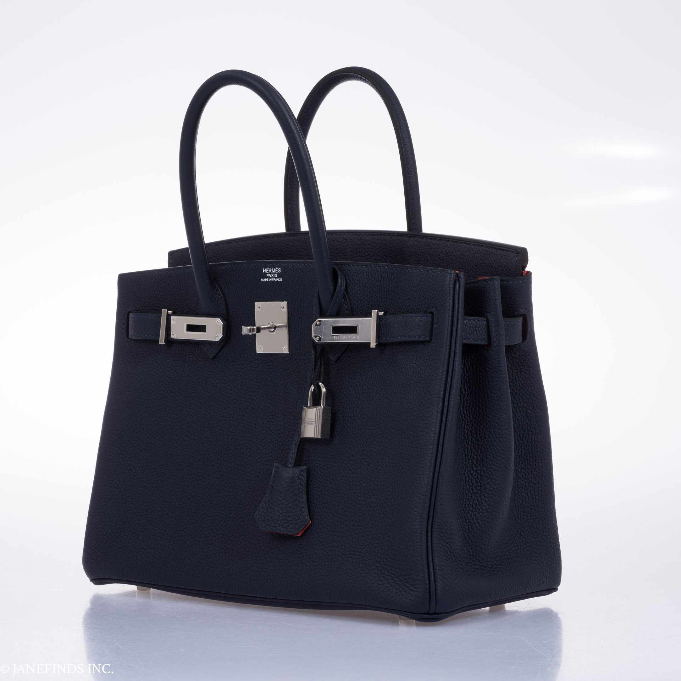 Hermès Birkin 30 Blue Nuit Verso Orange Poppy Togo Palladium Hardware