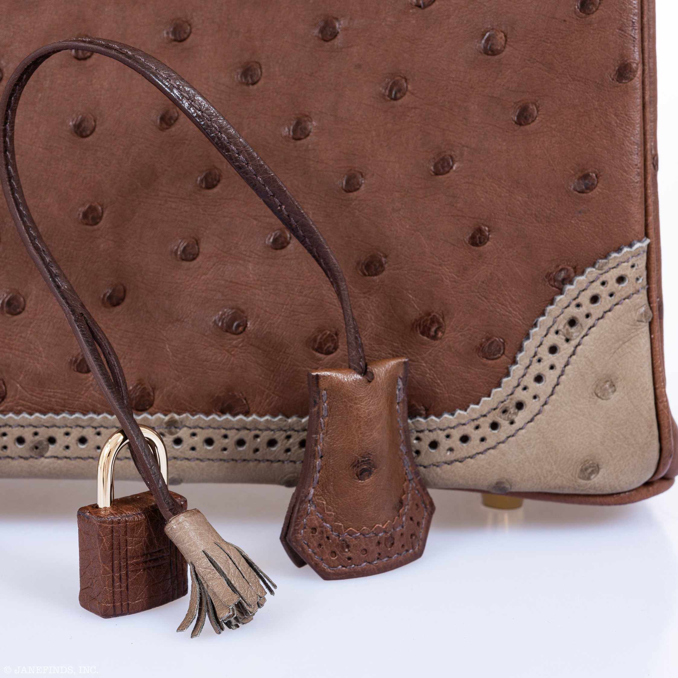 Hermès Birkin 30 Ghillies Marron Fonce, Etrusque, Mousse Ostrich Champagne Gold Hardware