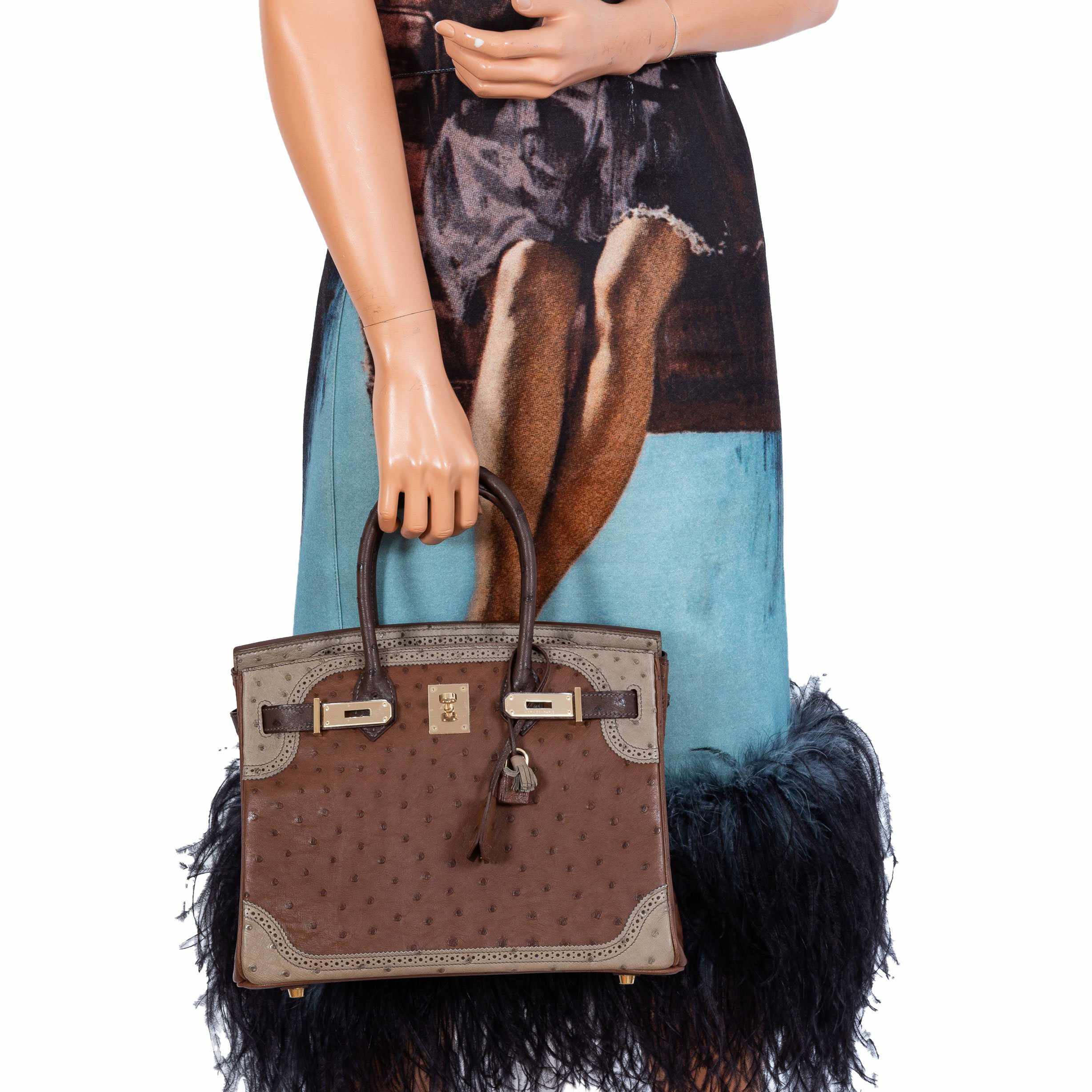 Hermès Birkin 30 Ghillies Marron Fonce, Etrusque, Mousse Ostrich Champagne Gold Hardware