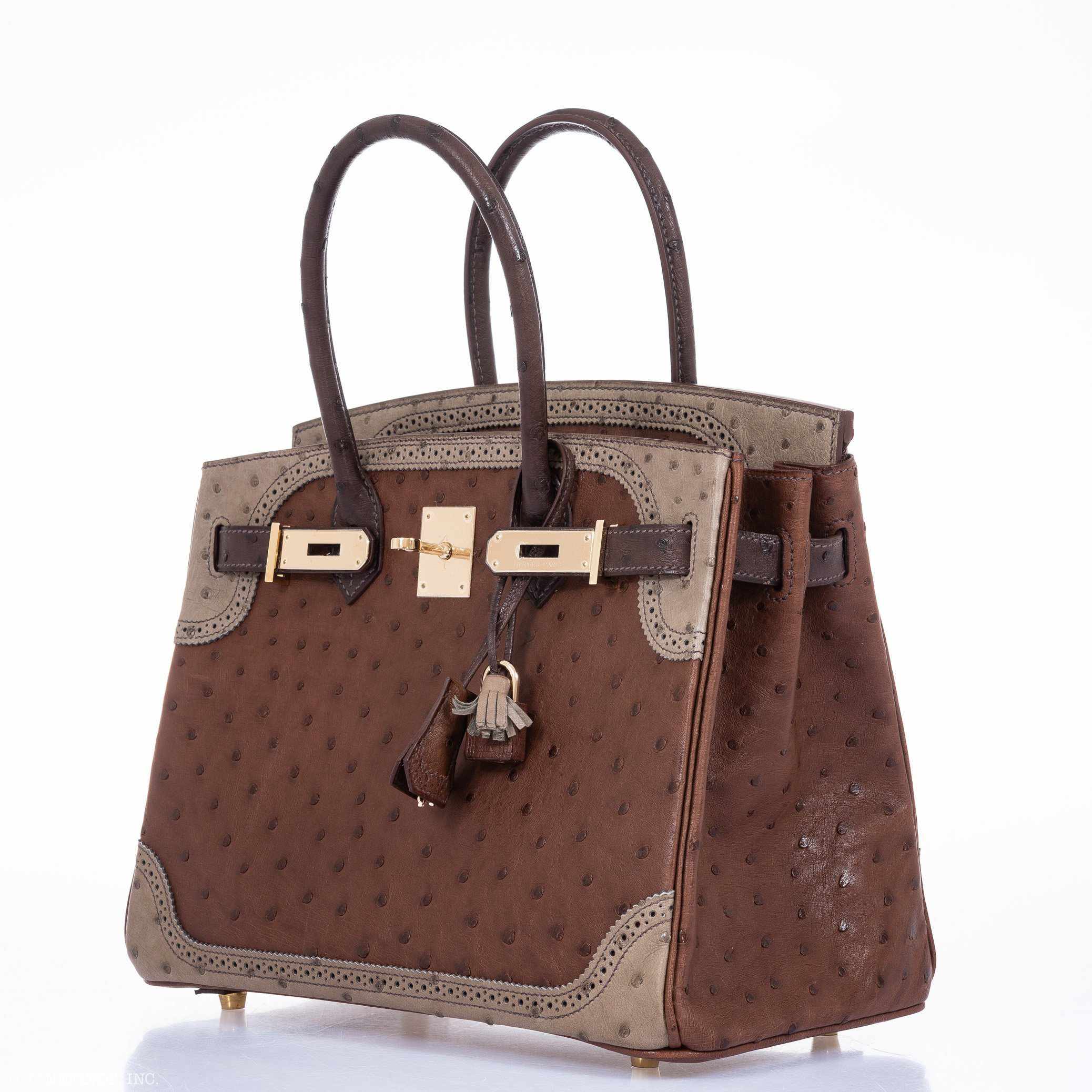 Hermès Birkin 30 Ghillies Marron Fonce, Etrusque, Mousse Ostrich Champagne Gold Hardware