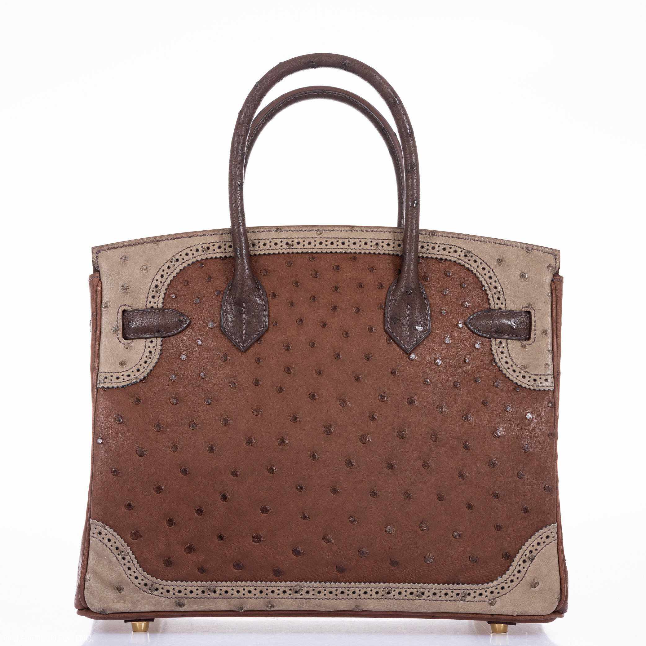 Hermès Birkin 30 Ghillies Marron Fonce, Etrusque, Mousse Ostrich Champagne Gold Hardware