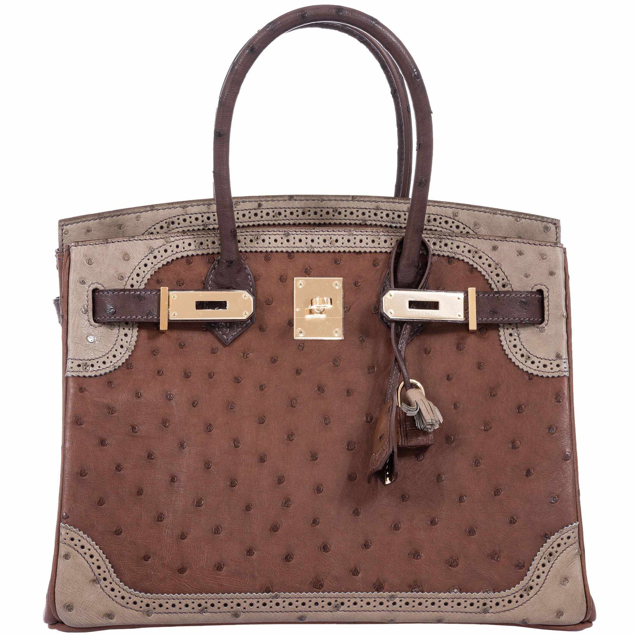 Hermès Birkin 30 Ghillies Marron Fonce, Etrusque, Mousse Ostrich Champ