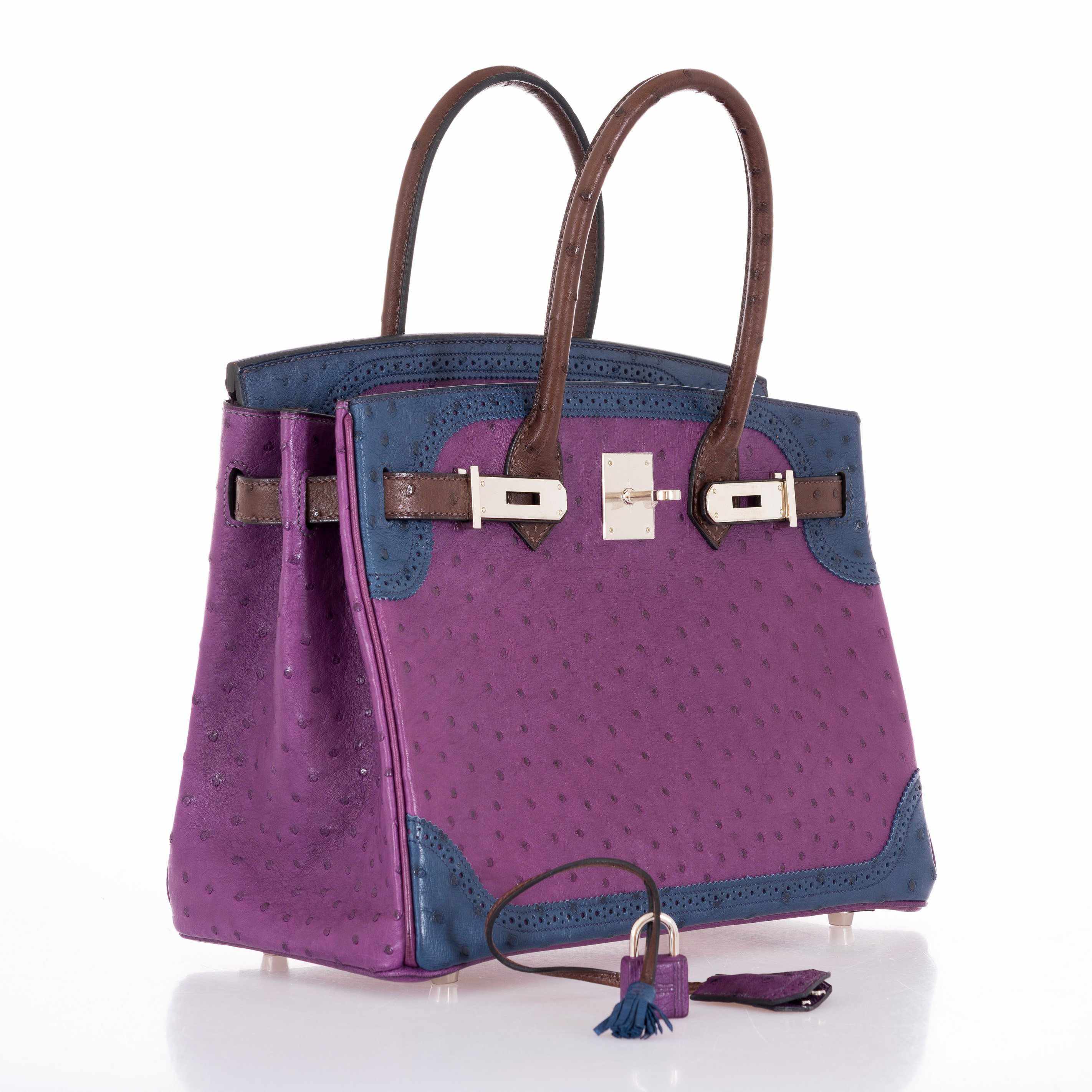 Hermès Birkin 30 Ghillies Tri-Color Ostrich Violine, Bleu de Malte & Marron Palladium Hardware