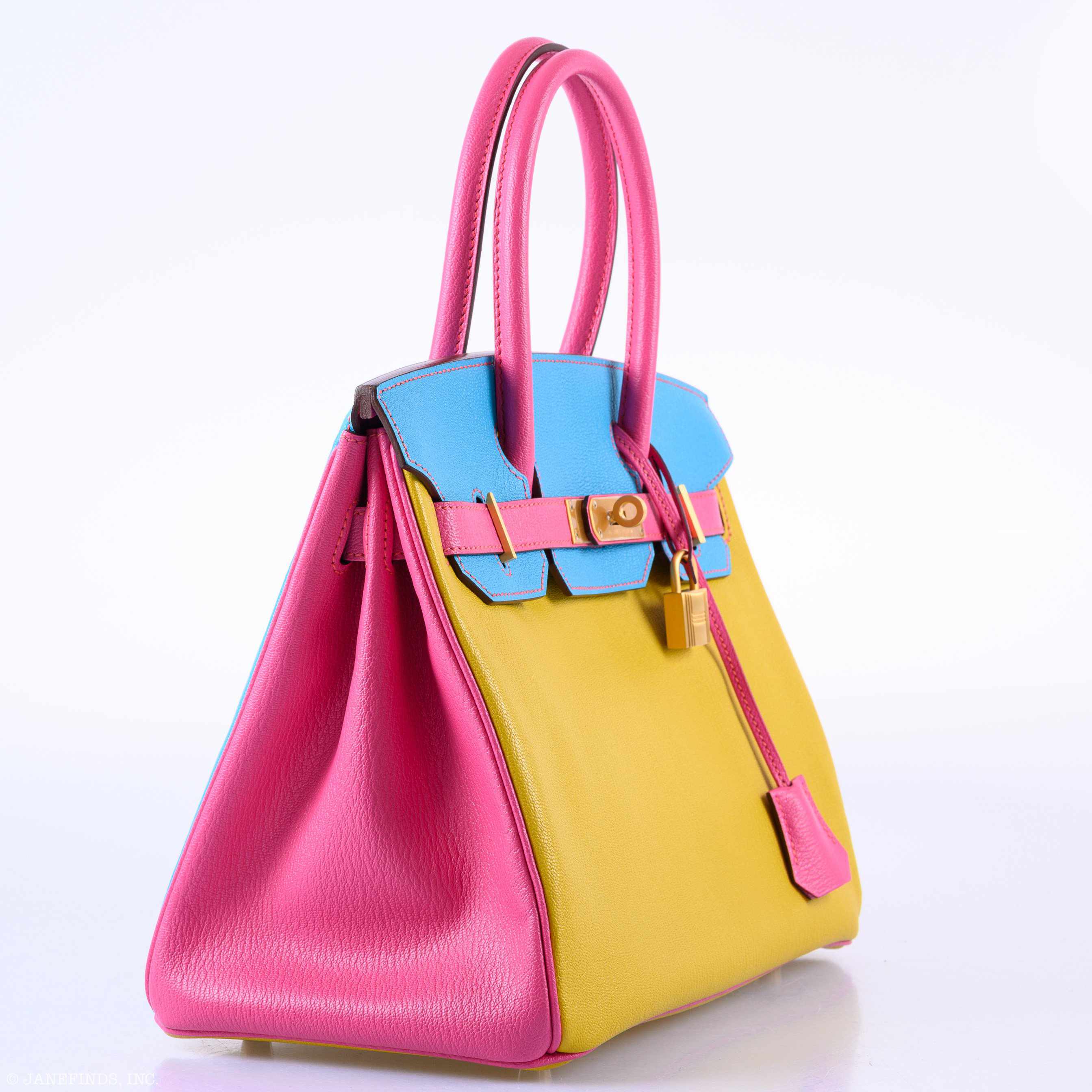 Hermès Birkin 30 HSS Rose Lipstick, Blue Aztec & Cumin Chevre Leather Brushed Gold Hardware - 2014, R Squared