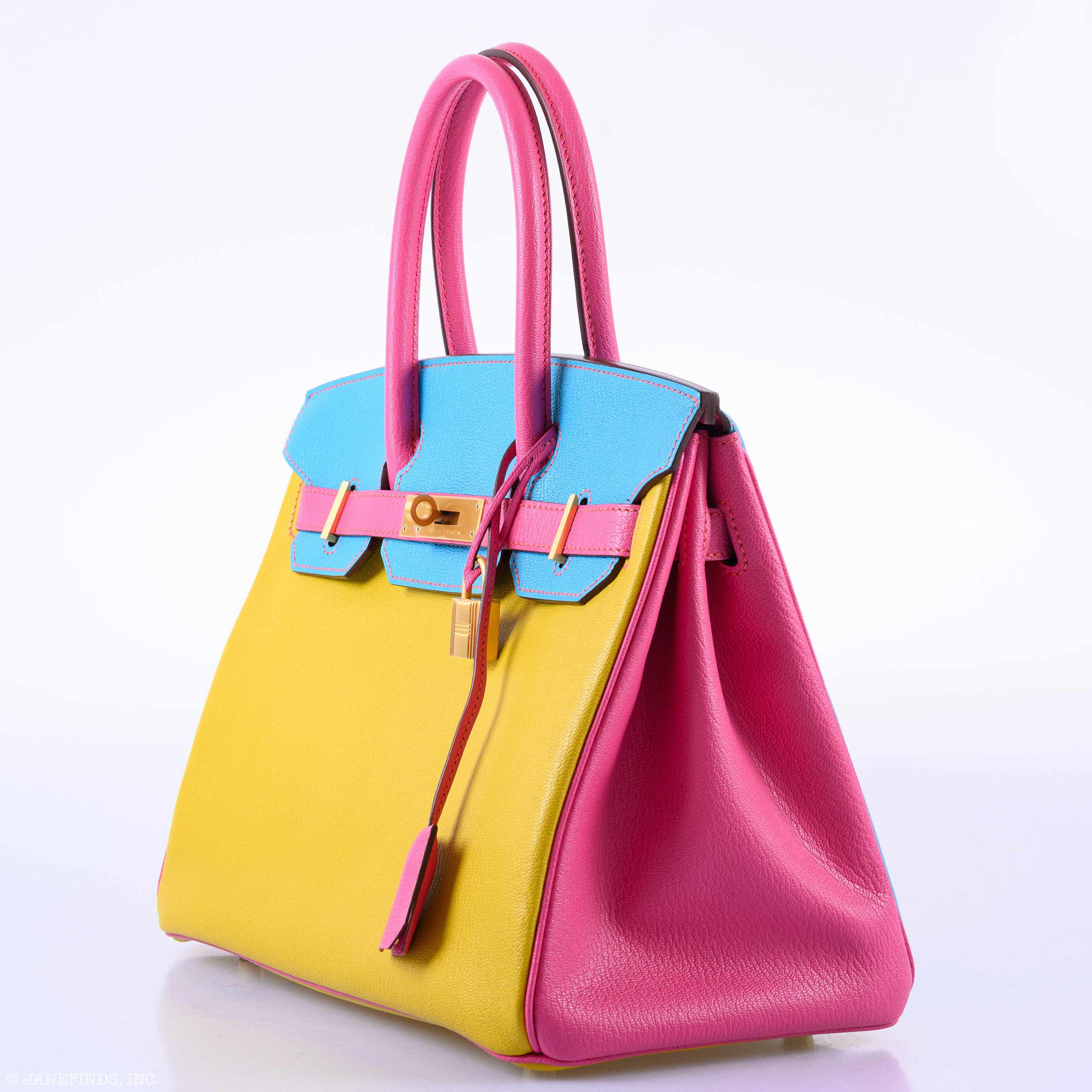 Hermès Birkin 30 HSS Rose Lipstick, Blue Aztec & Cumin Chevre Leather Brushed Gold Hardware - 2014, R Squared