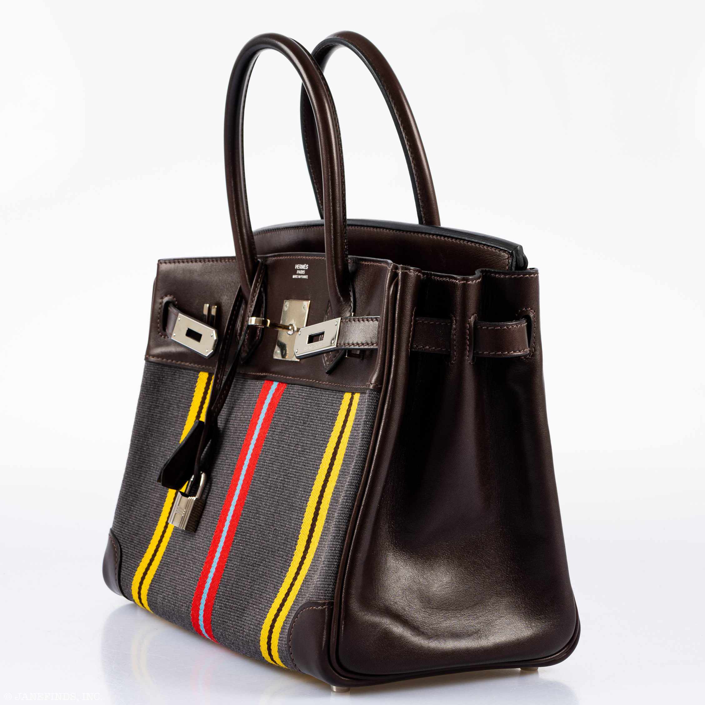 Hermès Birkin 30 Marron Fonce Calf & Colorful Wool Jumping Canvas Palladium Hardware