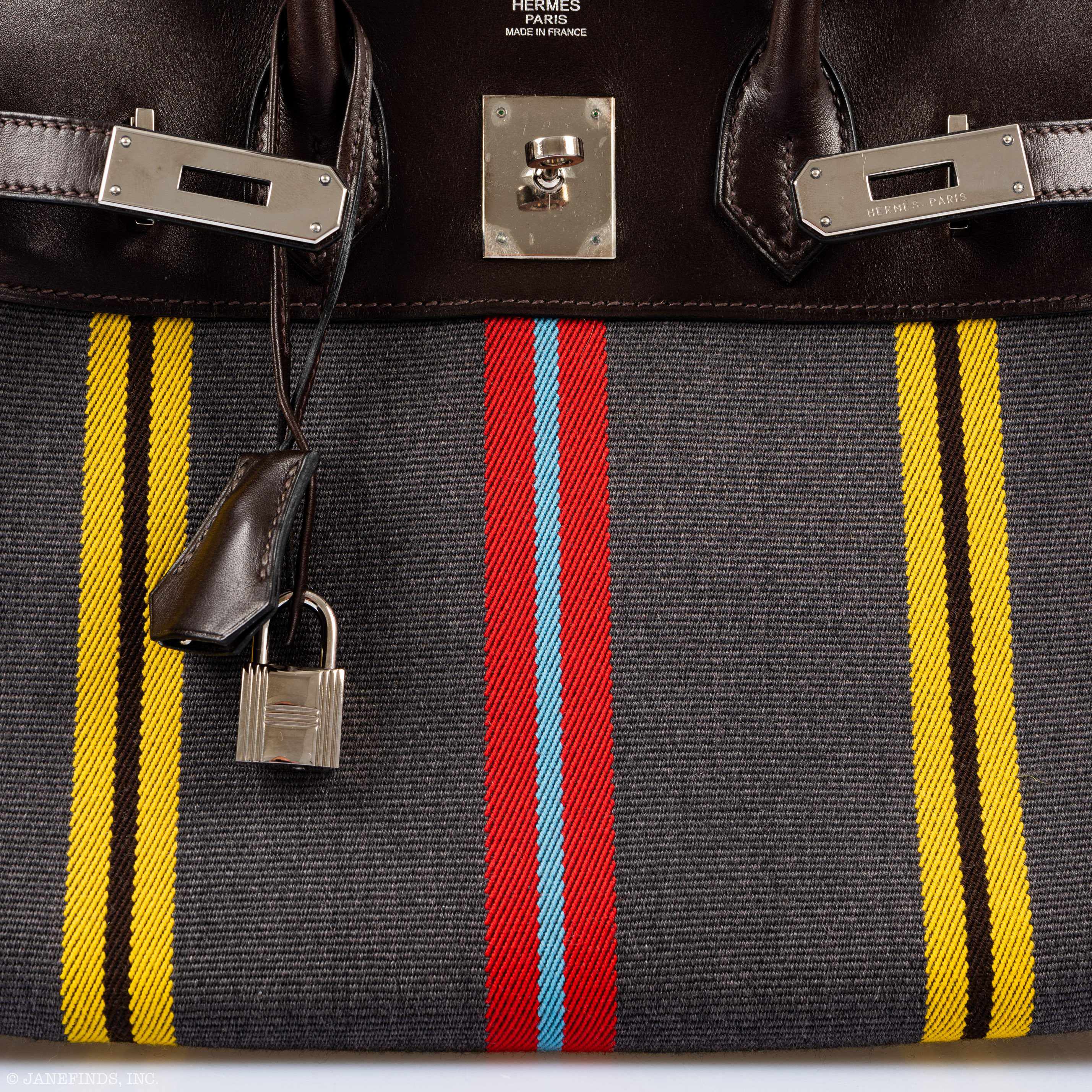 Hermès Birkin 30 Marron Fonce Calf & Colorful Wool Jumping Canvas Palladium Hardware