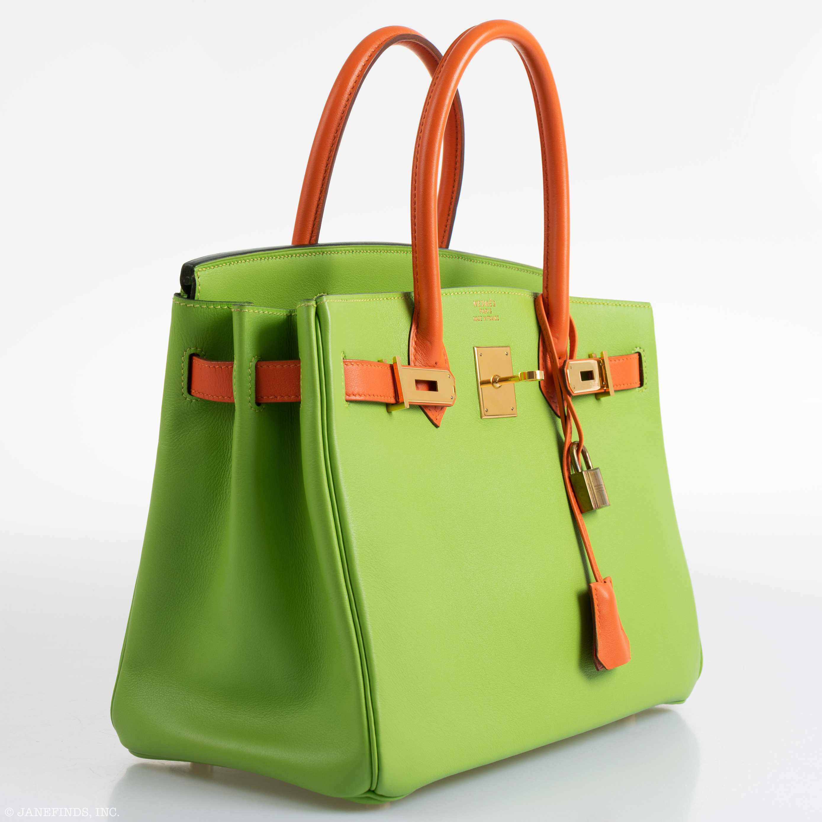 Hermès Birkin 30 Vert Cru & Orange H Gulliver Leather Gold Hardware - 1998
