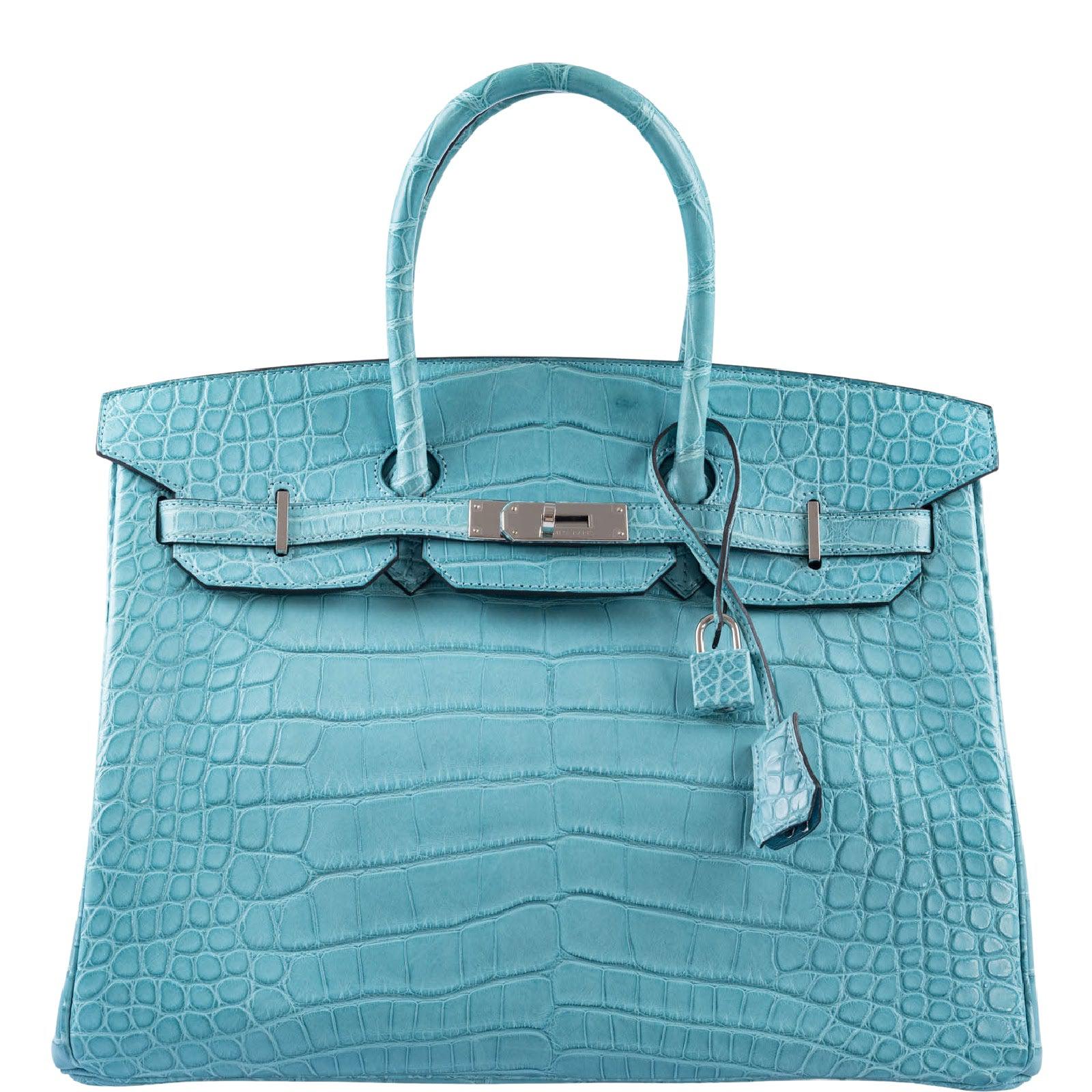 Hermes Birkin Bag 35cm Blue Sapphire Shiny Porosus Crocodile Palladium  Hardware