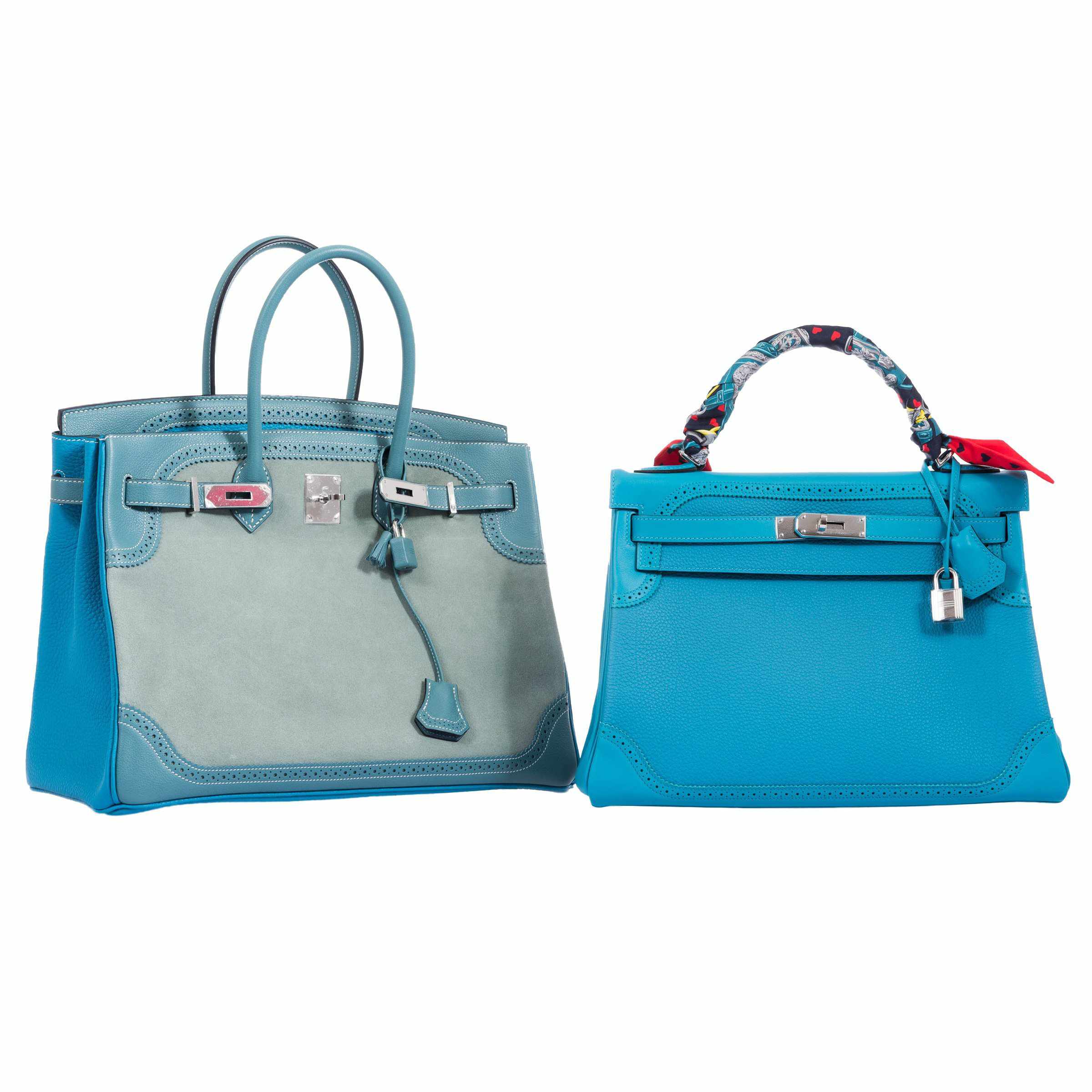 Hermès Birkin 35 "Ghillies" Limited Edition Turquoise & Ciel Evergrain, Swift & Veau Doblis Suede