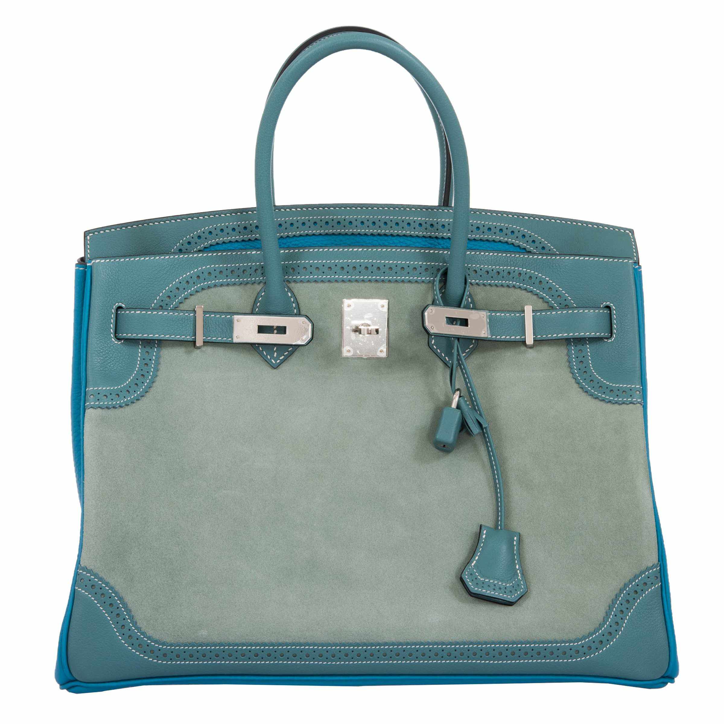 Hermès Birkin 35 "Ghillies" Limited Edition Turquoise & Ciel Evergrain, Swift & Veau Doblis Suede