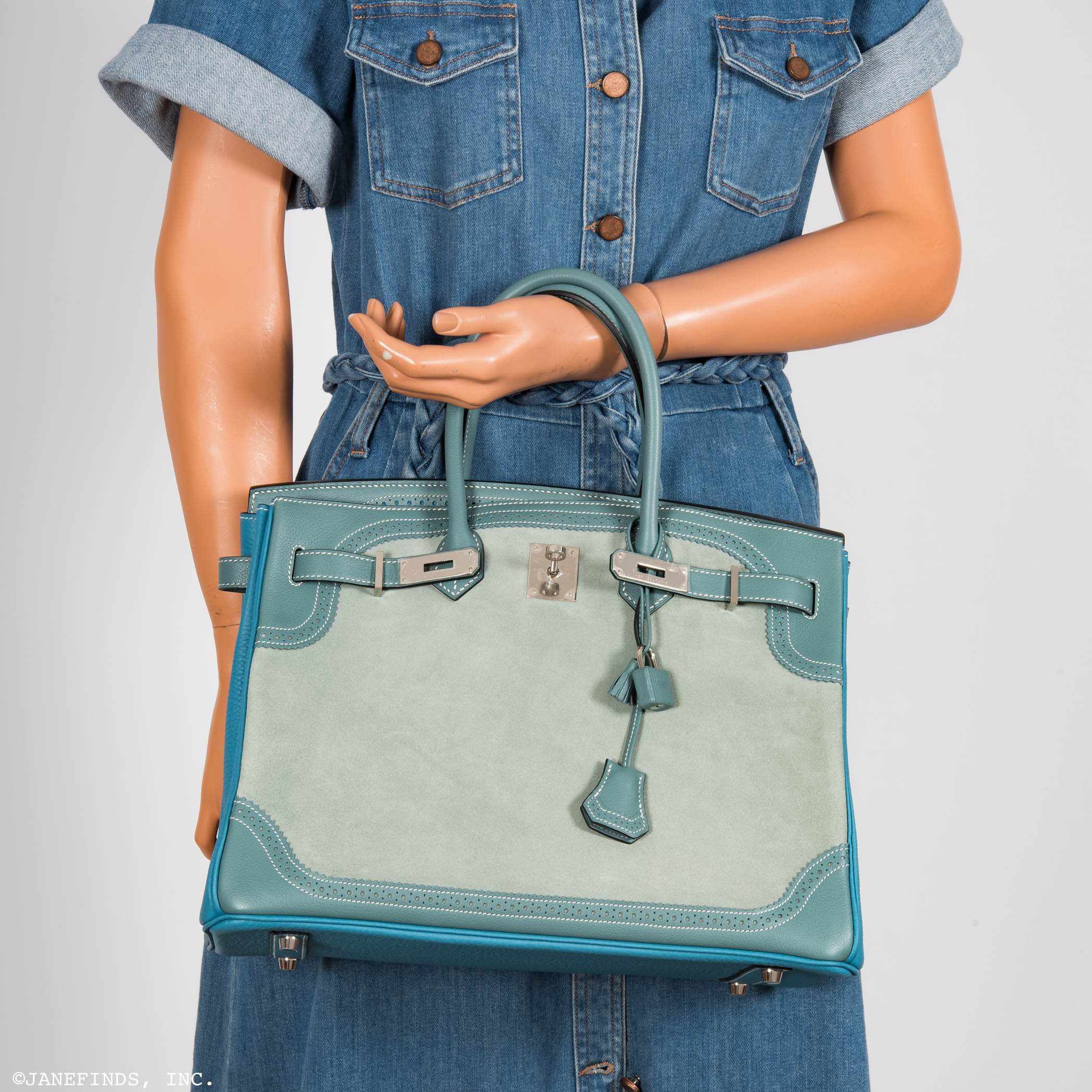 Hermès Birkin 35 Ghillies Turquoise, Ciel Evergrain, Veau Doblis Suede Palladium Hardware - Special Edition