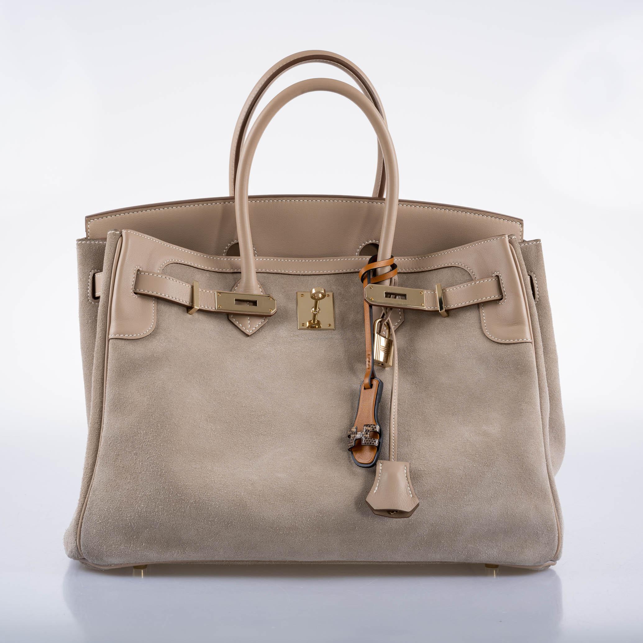 Hermès Birkin 35 Grizzly Argile Veau Doblis Suede & Swift Permabrass Hardware - 2014, R Square