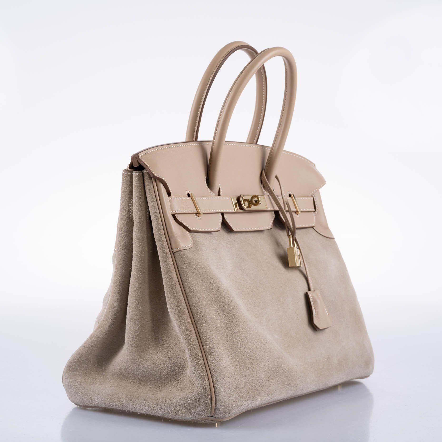 Hermès Birkin 35 Grizzly Argile Veau Doblis Suede & Swift Permabrass Hardware - 2014, R Square