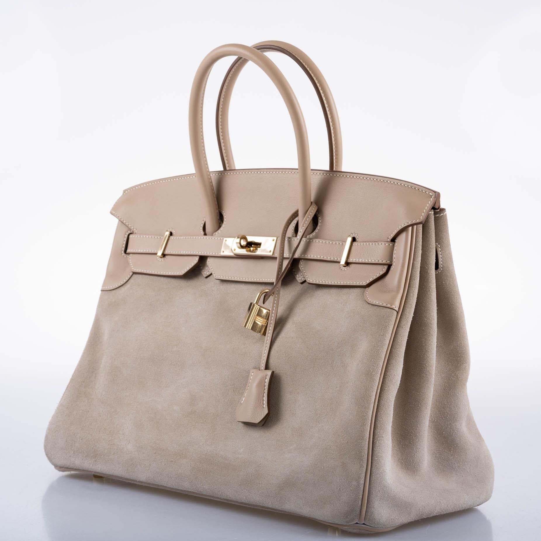 Hermès Birkin 35 Grizzly Argile Veau Doblis Suede & Swift Permabrass Hardware - 2014, R Square