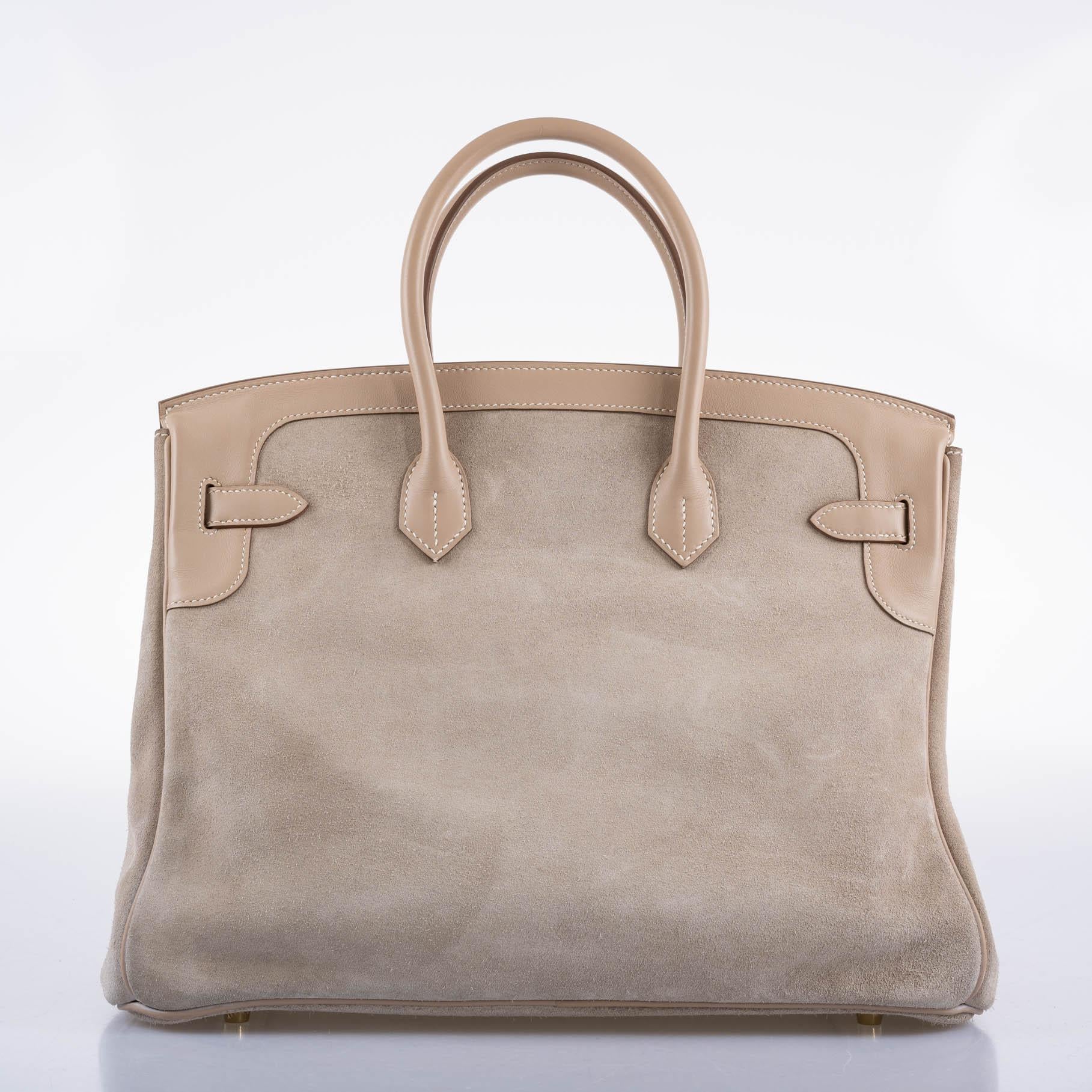 Hermès Birkin 35 Grizzly Argile Veau Doblis Suede & Swift Permabrass Hardware - 2014, R Square