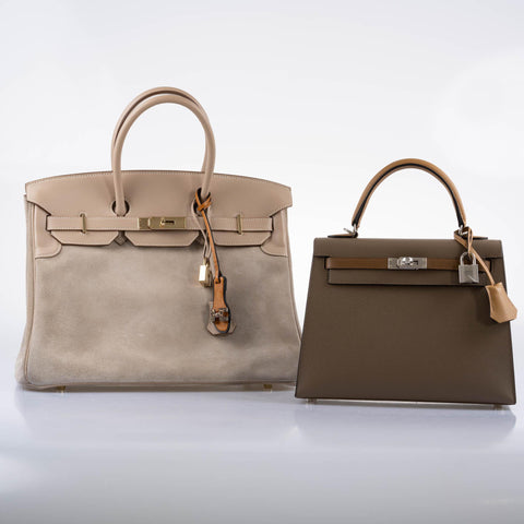 Hermès Birkin 35 Grizzly Argile Veau Doblis Suede & Swift Permabrass Hardware - 2014, R Square