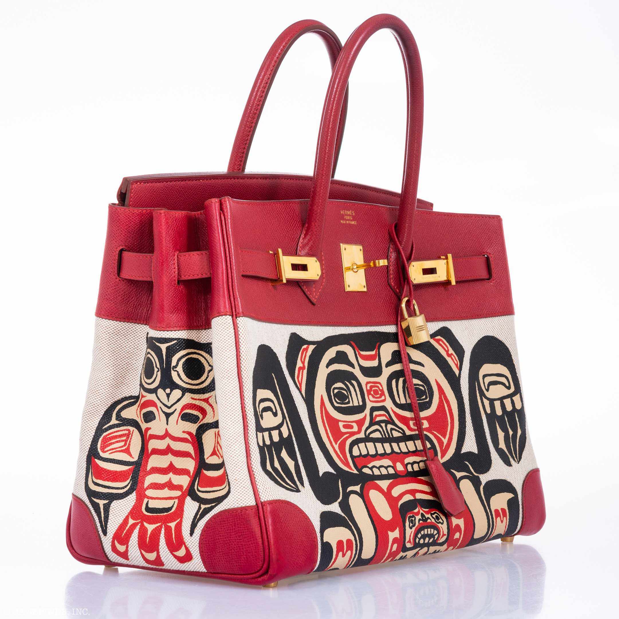 Hermès Birkin 35 JaneFinds Custom Shop "Totem" Rouge Vif Courchevel & Toile Gold Hardware