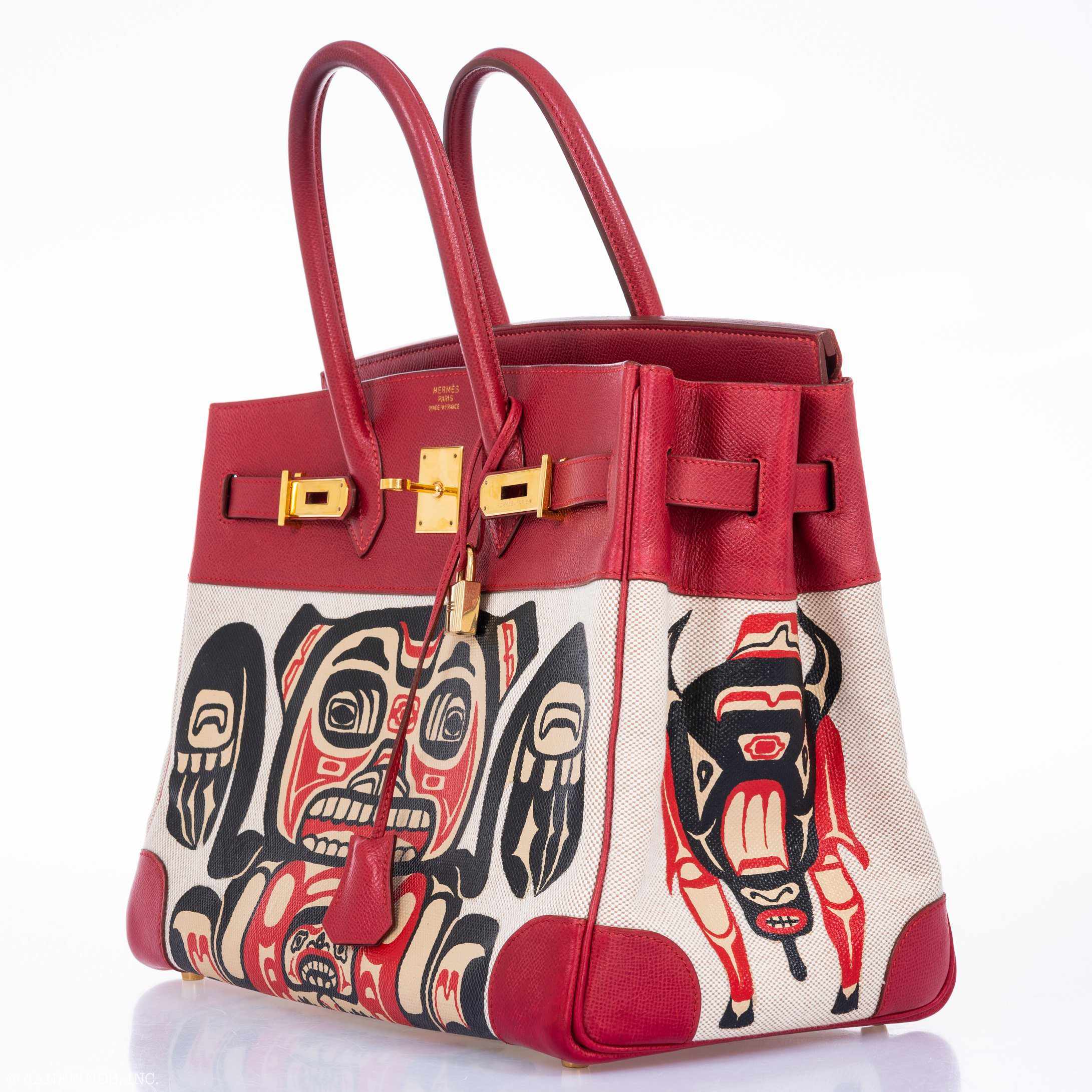 Hermès Birkin 35 JaneFinds Custom Shop "Totem" Rouge Vif Courchevel & Toile Gold Hardware