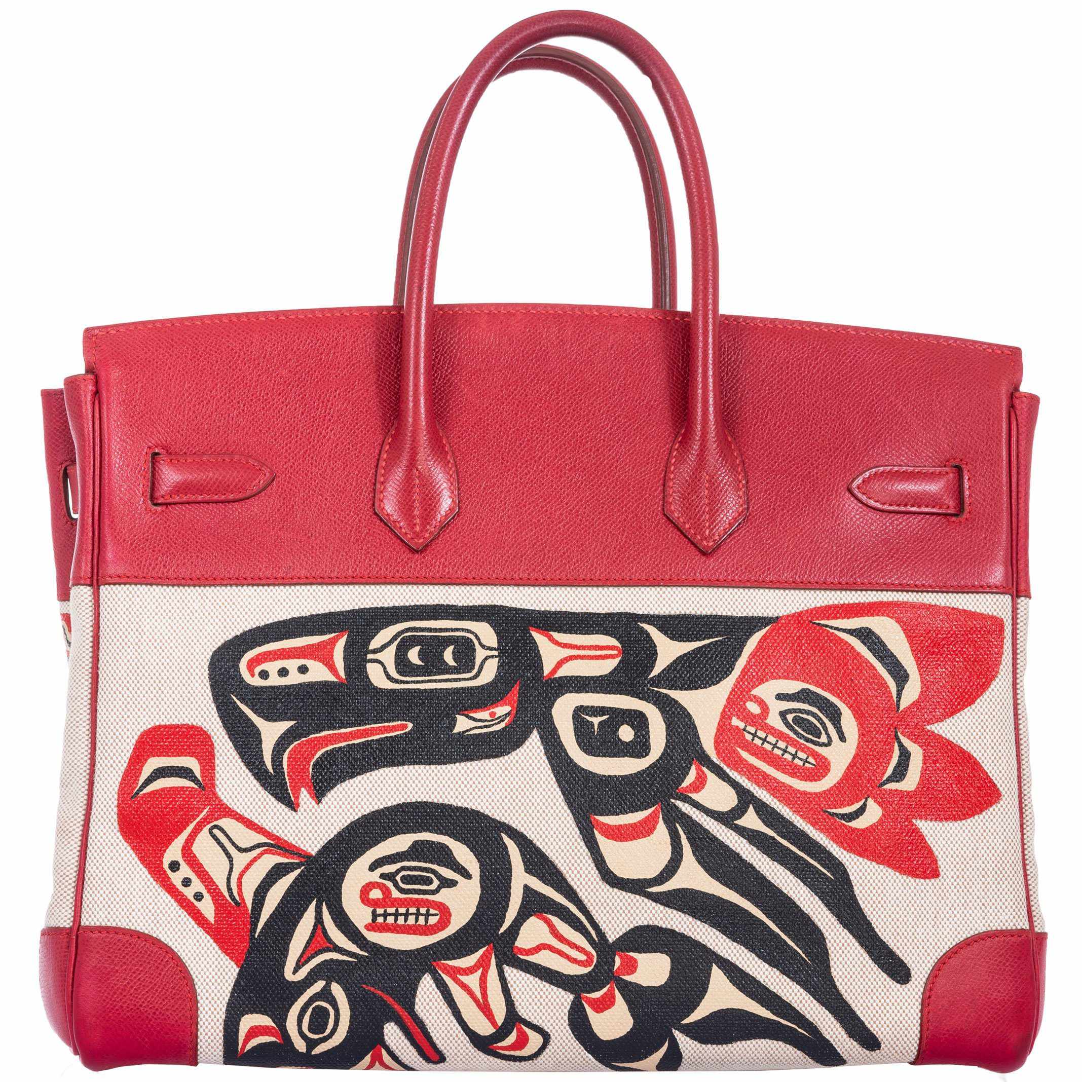 Hermès Birkin 35 JaneFinds Custom Shop "Totem" Rouge Vif Courchevel & Toile Gold Hardware