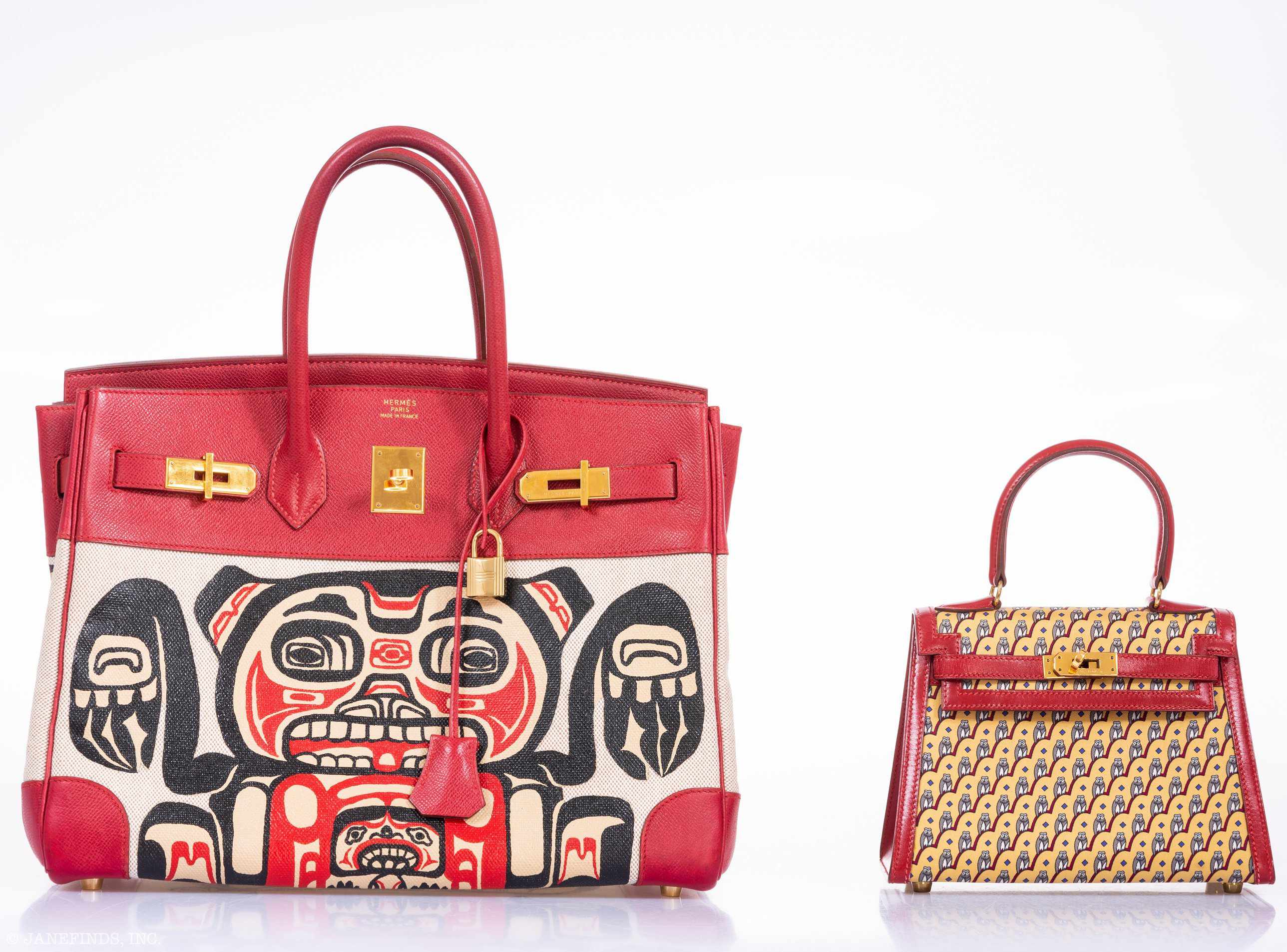 Hermès Birkin 35 JaneFinds Custom Shop "Totem" Rouge Vif Courchevel & Toile Gold Hardware
