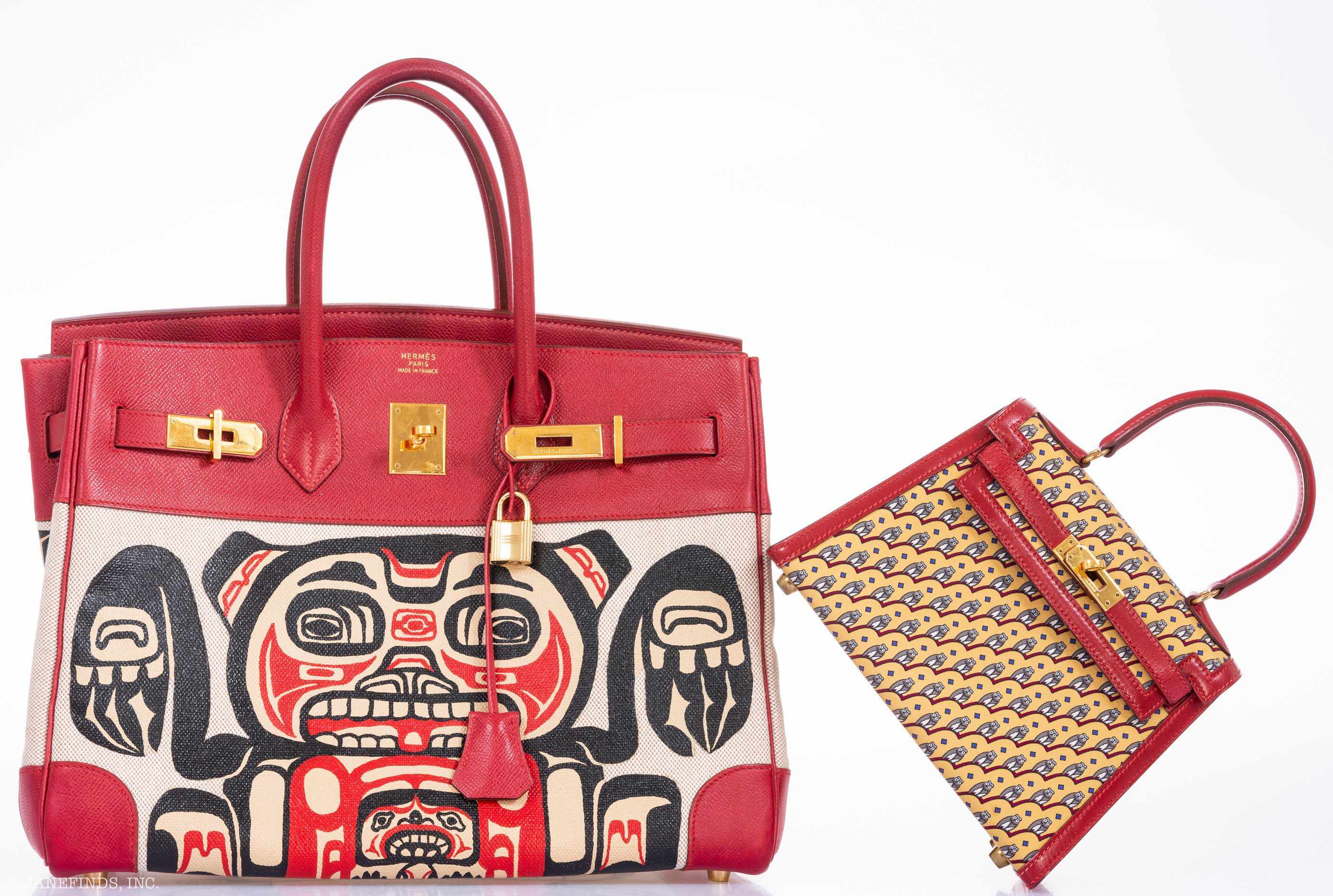 Hermès Birkin 35 JaneFinds Custom Shop "Totem" Rouge Vif Courchevel & Toile Gold Hardware