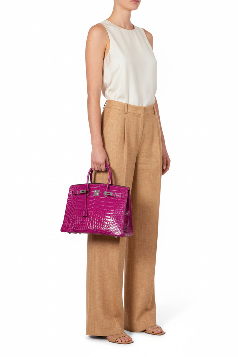 Hermès Birkin 35 Rose Scheherazade Shiny Porosus Crocodile Palladium Hardware