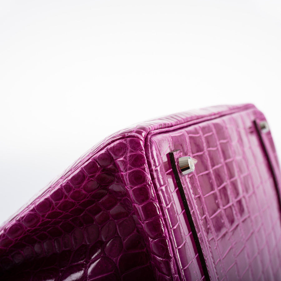 Hermès Birkin 35 Rose Scheherazade Shiny Porosus Crocodile Palladium Hardware