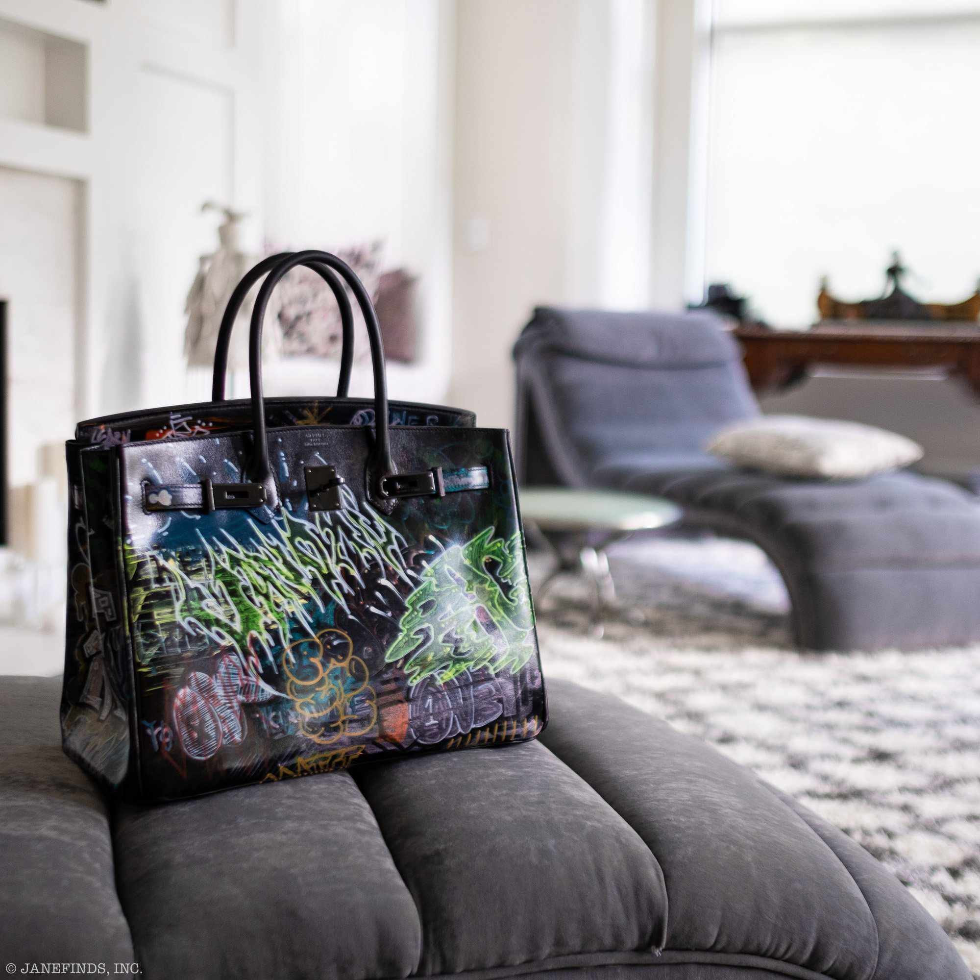 Hermès Birkin 35 SO BLACK "Graffiti" * JaneFinds Custom Shop SO BLACK Hardware