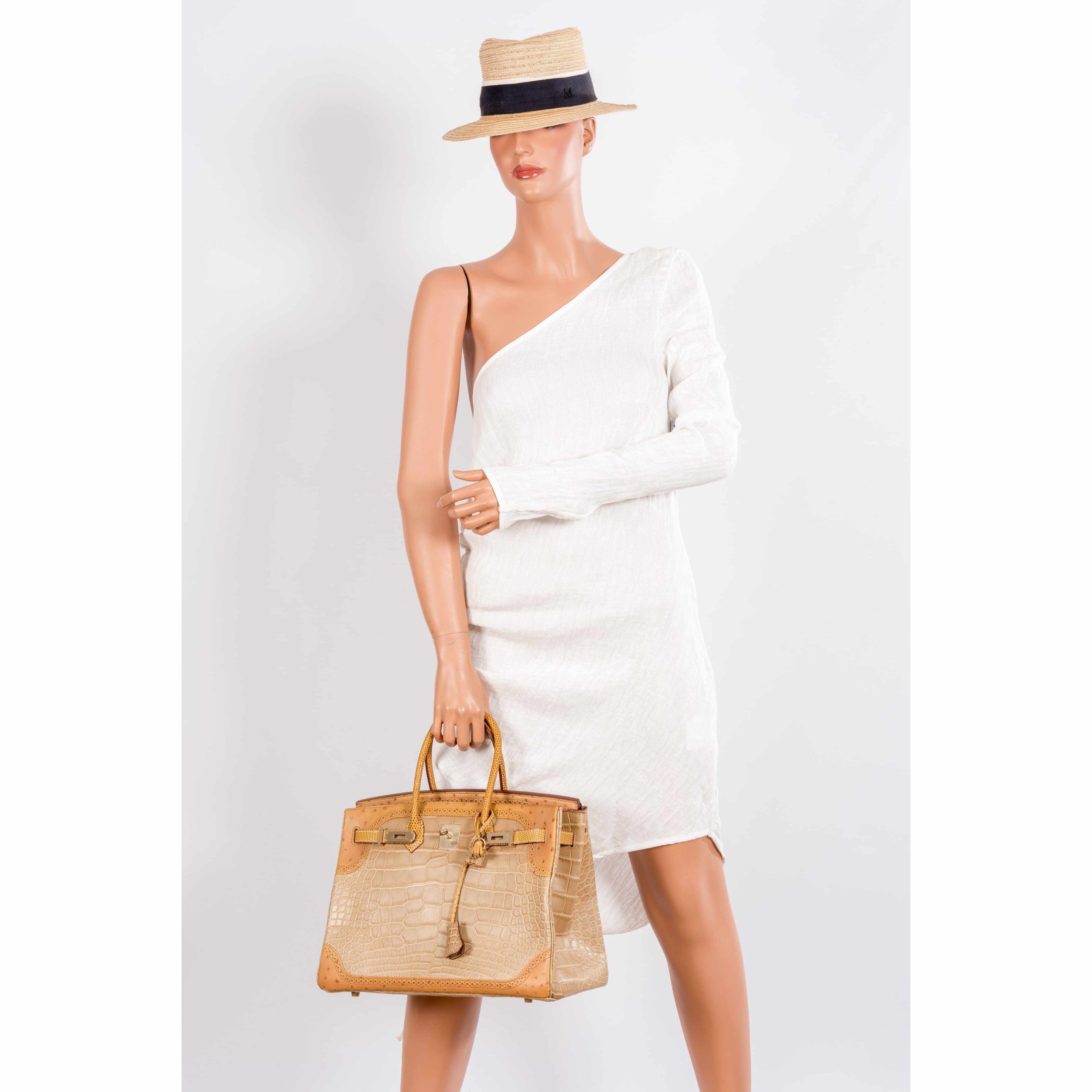 Hermès Birkin 35 Tri-Exotic Beige Alligator Ostrich Lizard Permabrass Hardware