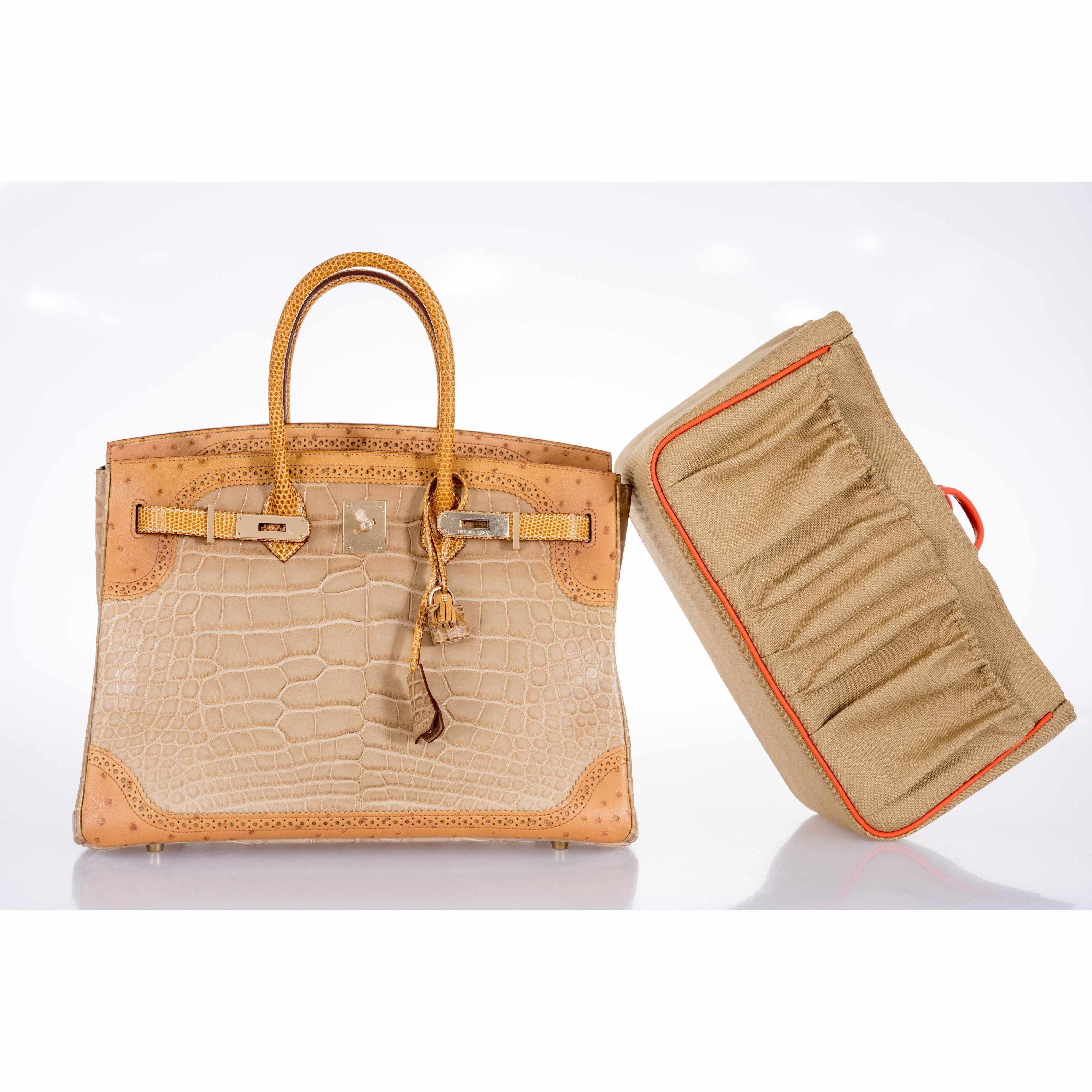 Hermès Birkin 35 Tri-Exotic Beige Alligator Ostrich Lizard Permabrass Hardware