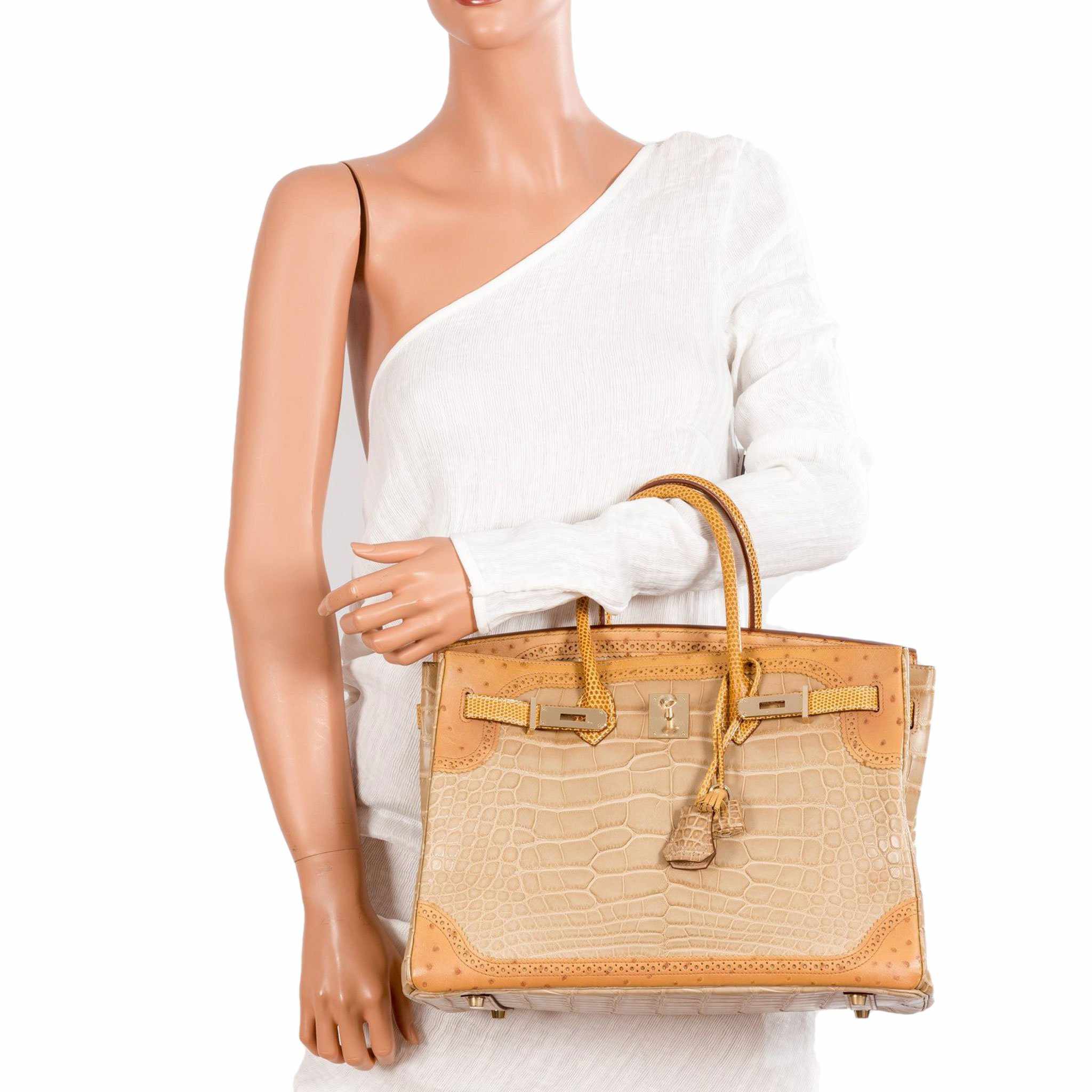 Hermès Birkin 35 Tri-Exotic Beige Alligator Ostrich Lizard Permabrass Hardware