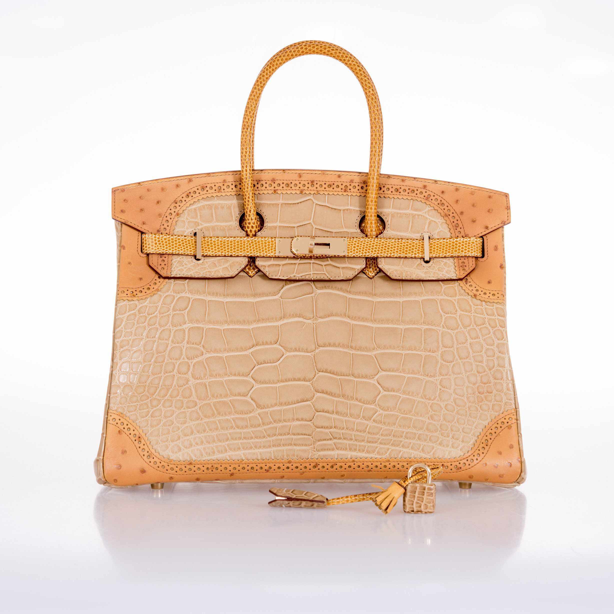 Hermès Birkin 35 Tri-Exotic Beige Alligator Ostrich Lizard Permabrass Hardware