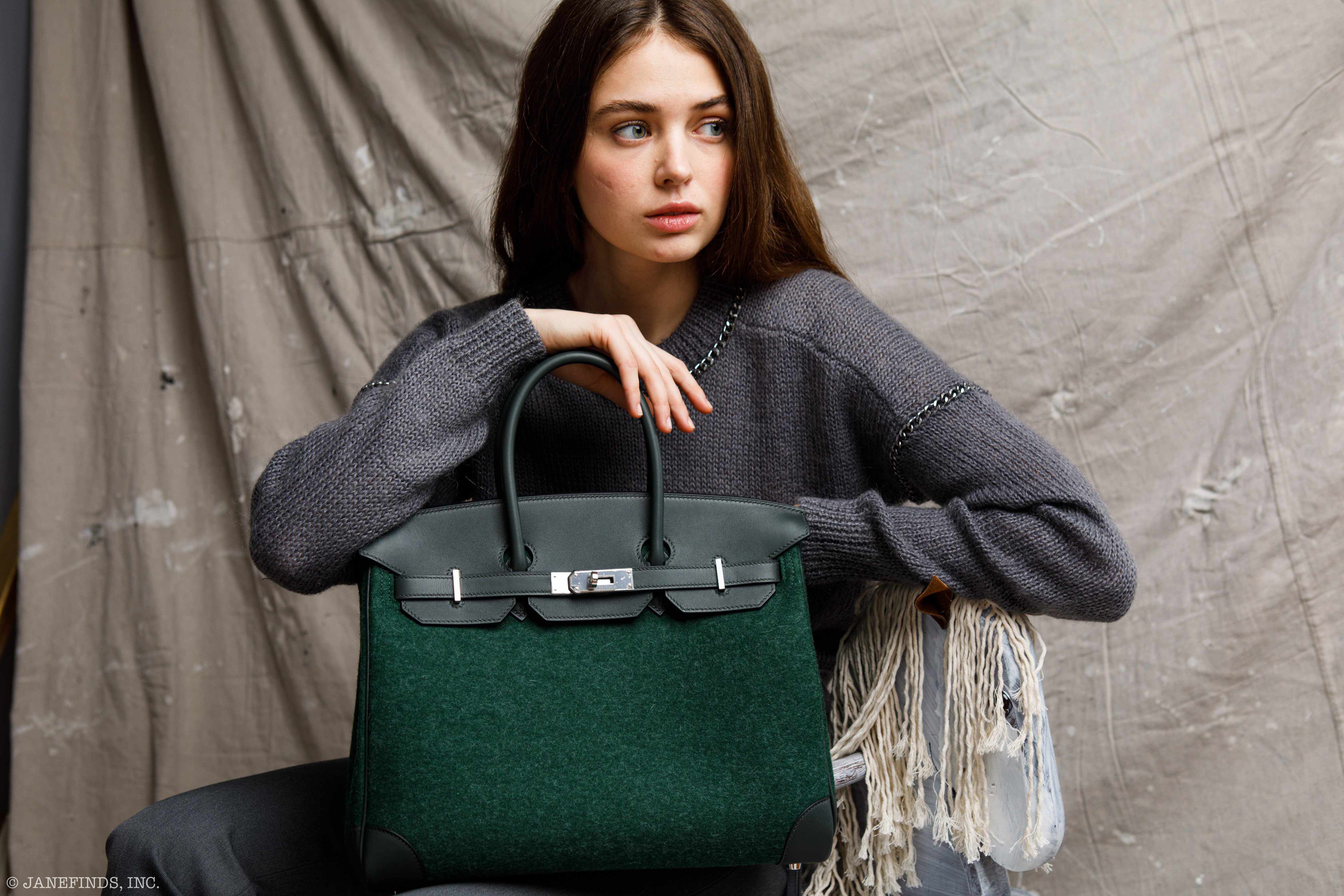 Hermès Birkin 35 Vert Fonce Feutre Wool & Vert Anglais Swift Palladium Hardware - 2019