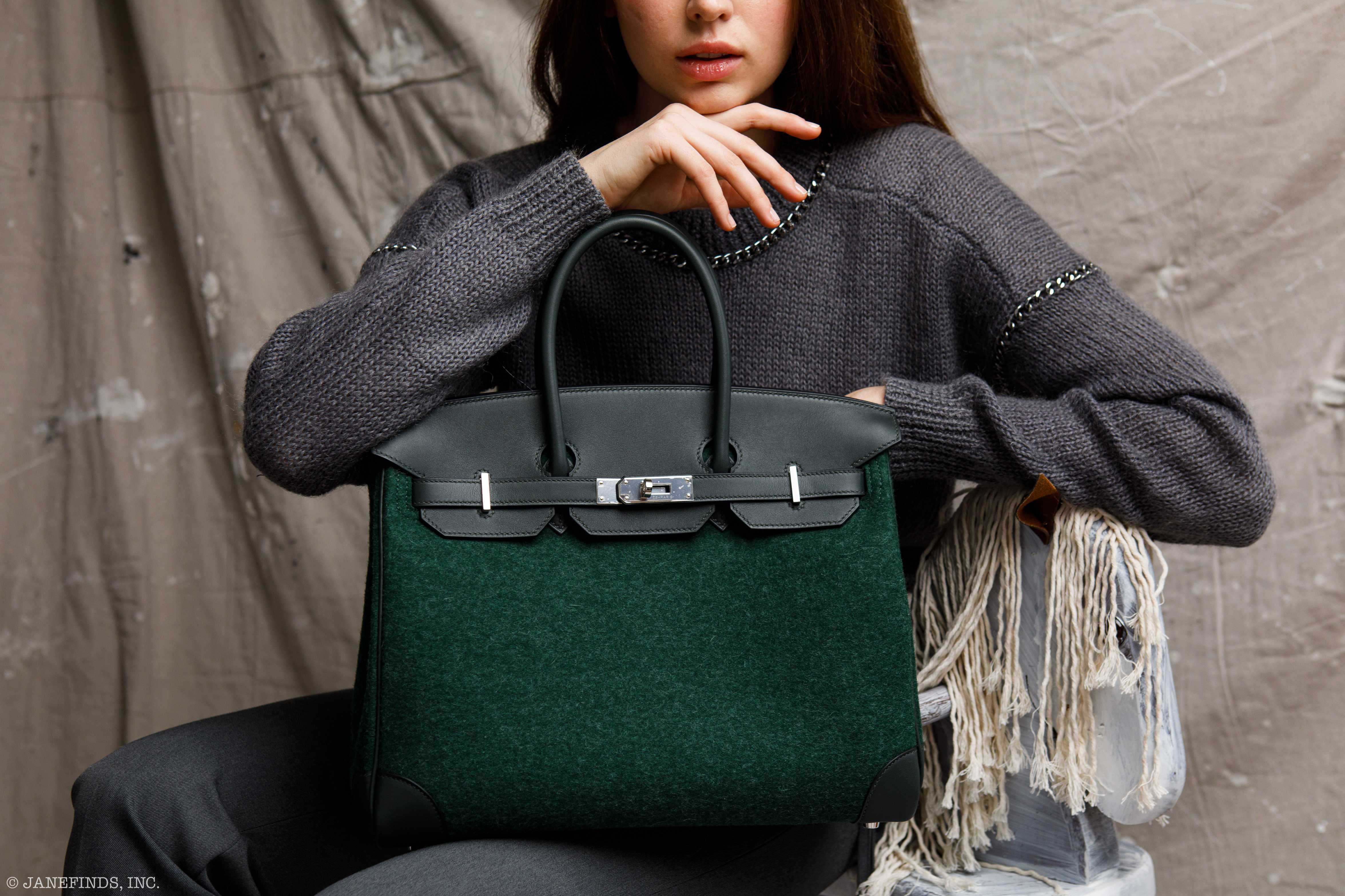 Hermès Birkin 35 Vert Fonce Feutre Wool & Vert Anglais Swift Palladium Hardware - 2019