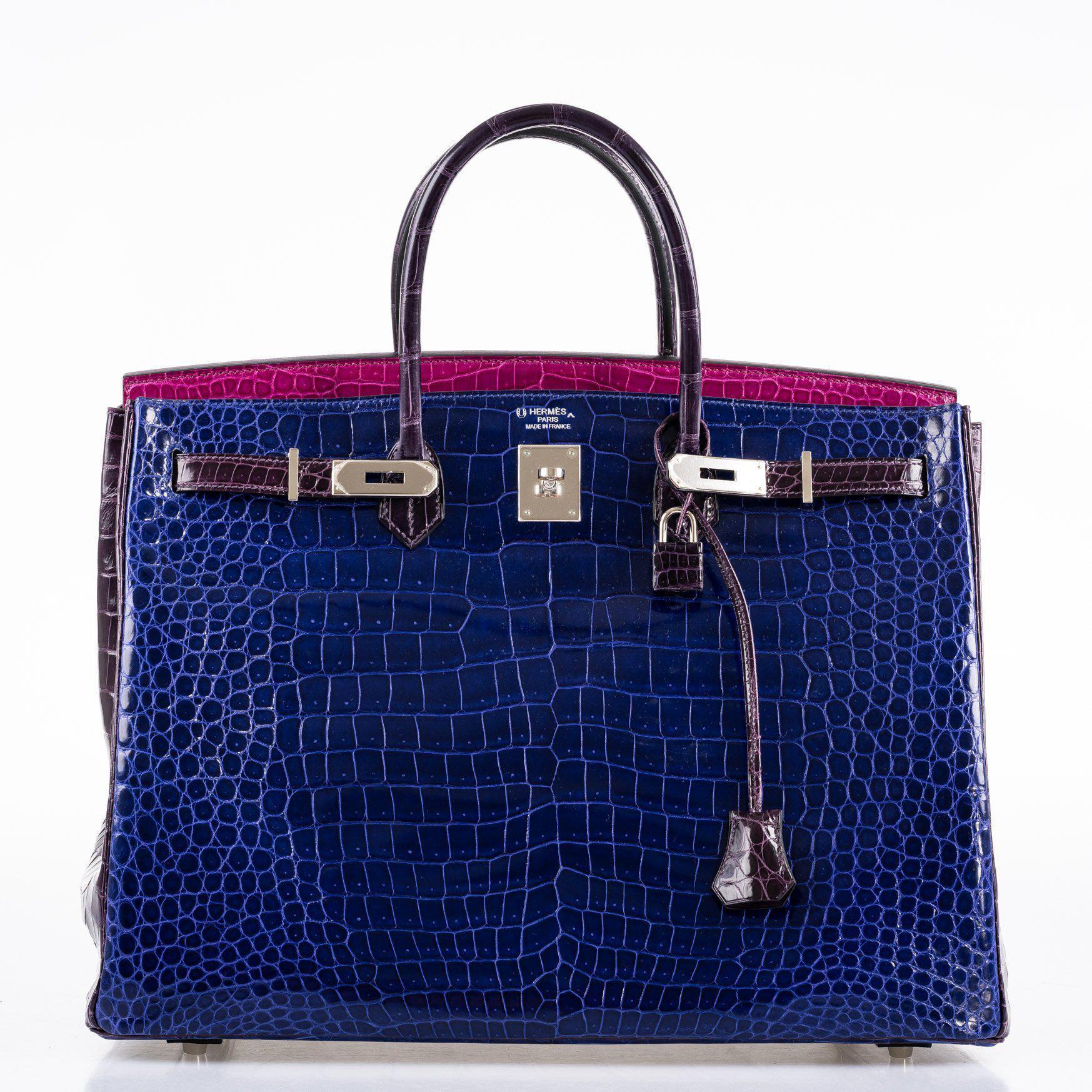 Hermès Birkin 40 Blue Electric, Rose Scheherazade, and Cassis Shiny Porosus Crocodile Palladium Hardware