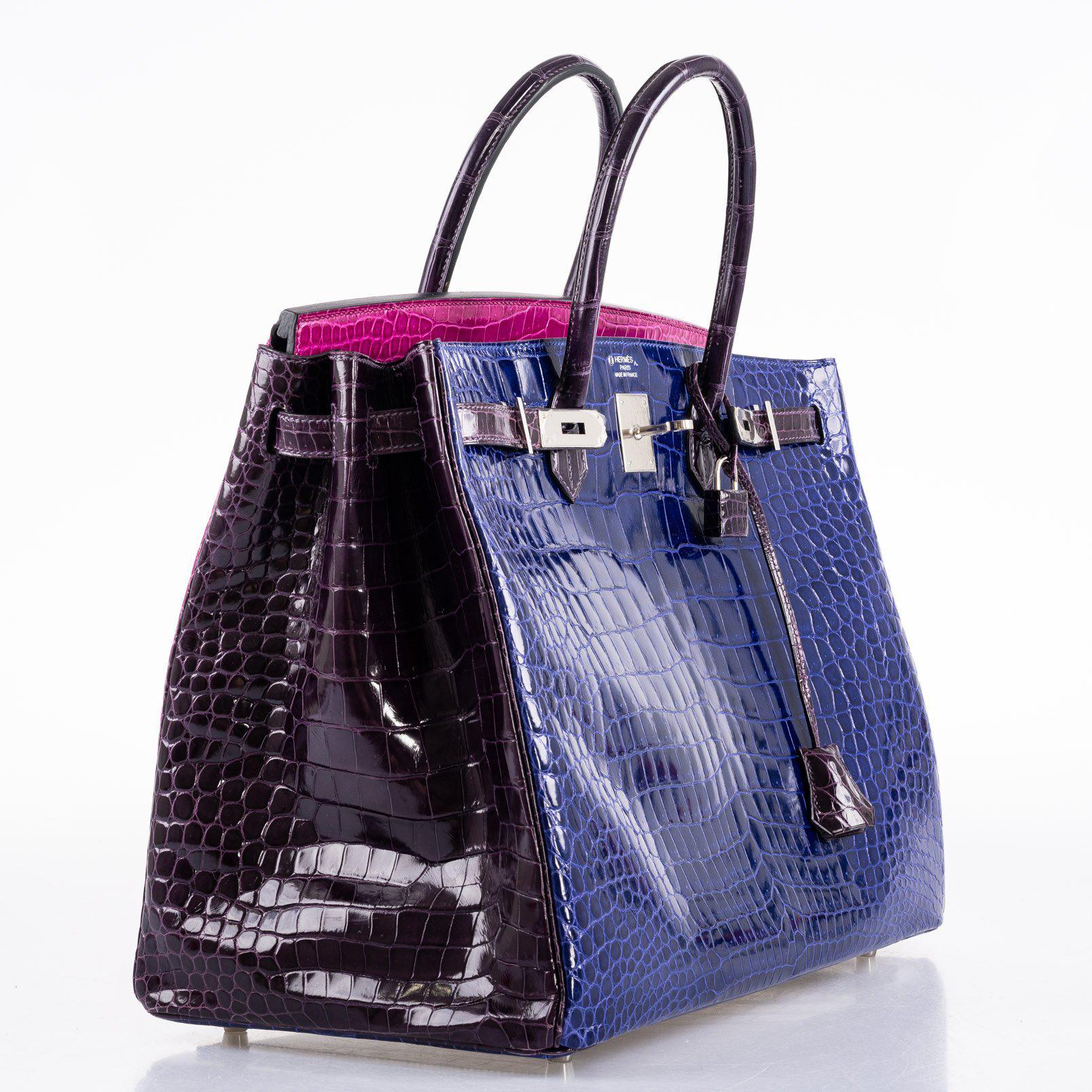 Hermès Birkin 40 Blue Electric, Rose Scheherazade, and Cassis Shiny Porosus Crocodile Palladium Hardware